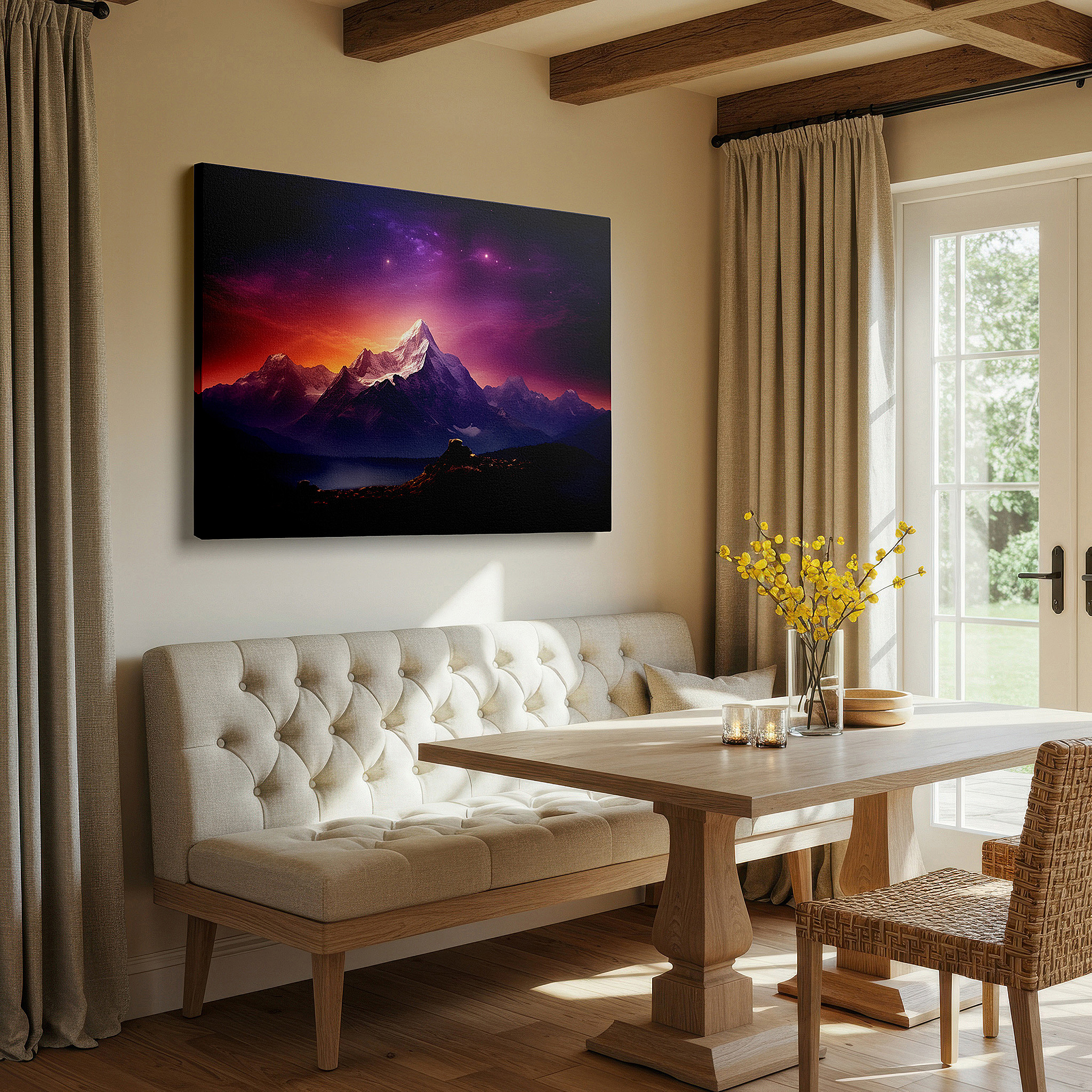 Framed by abstract decor and natural-toned accessories — twilight majesty: a dance of light and darkness - large canvas wall art for office, bedroom, and living room decor