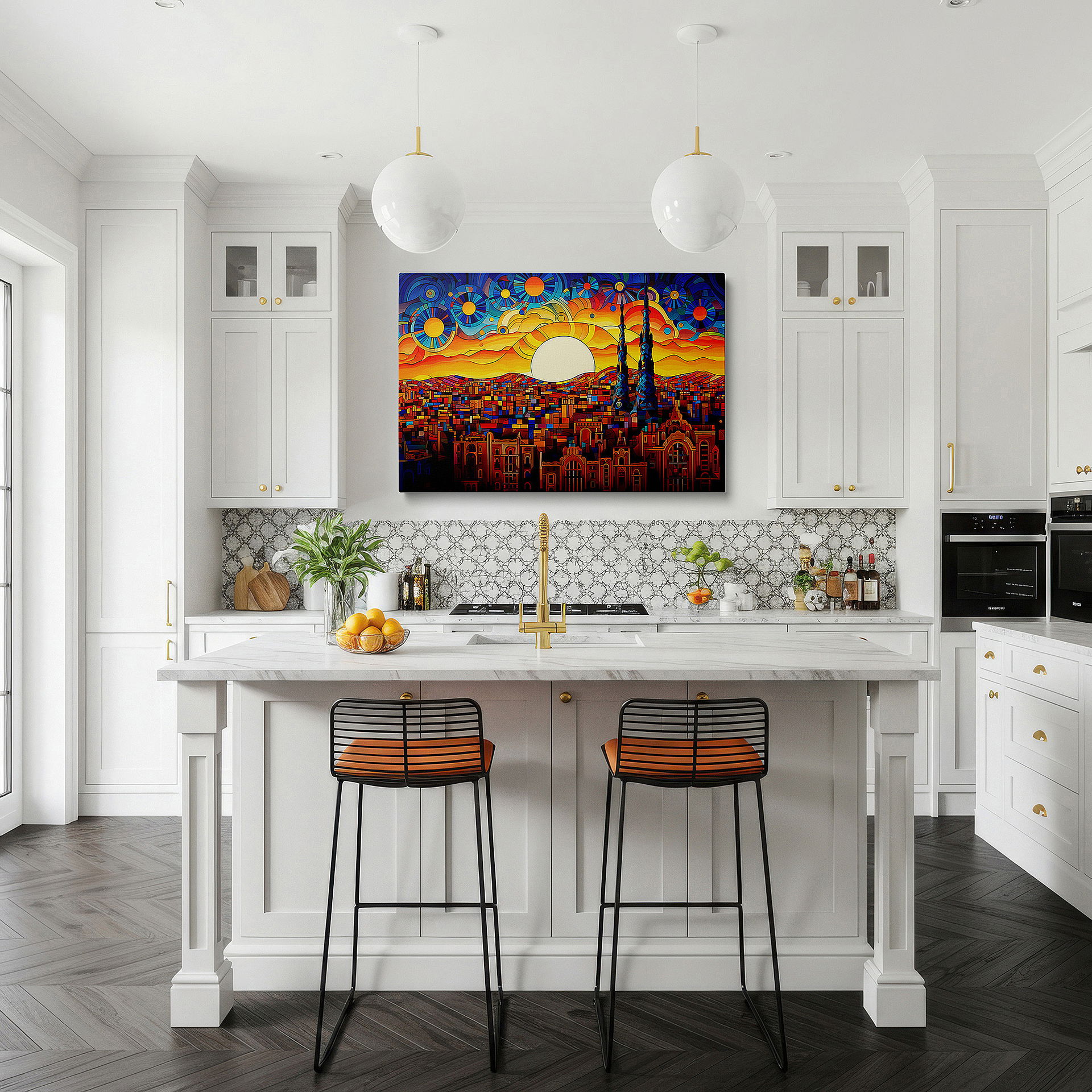 Framed by abstract decor and natural-toned accessories — urban sunset in stained glass: a cityscape of light and color - large wall art, canvas wall art, wall decor for office and bedroom
