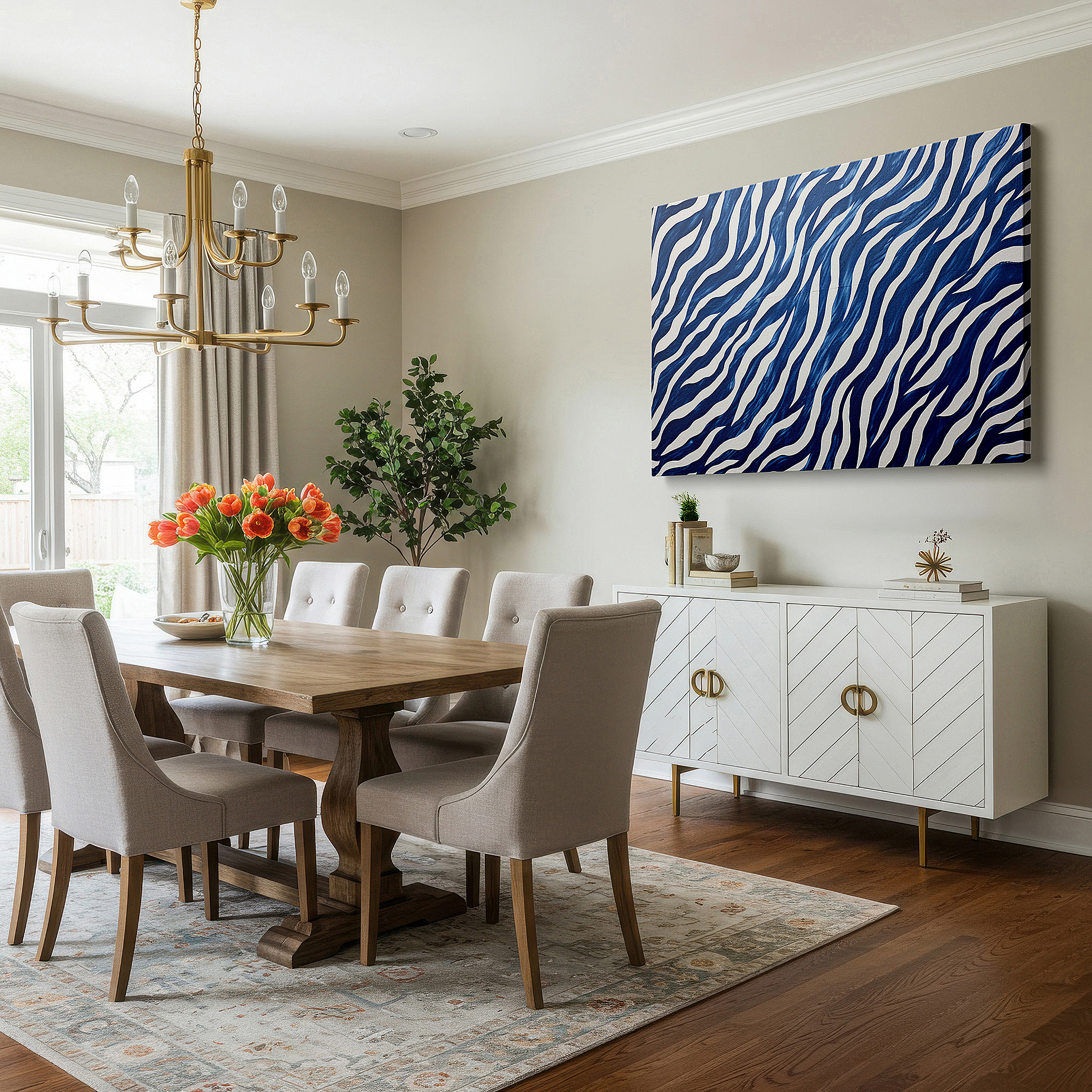 Framed by abstract decor and natural-toned accessories — vibrant blue and white zebra stripes in dynamic flow, contemporary abstract large wall art, canvas wall decor for office