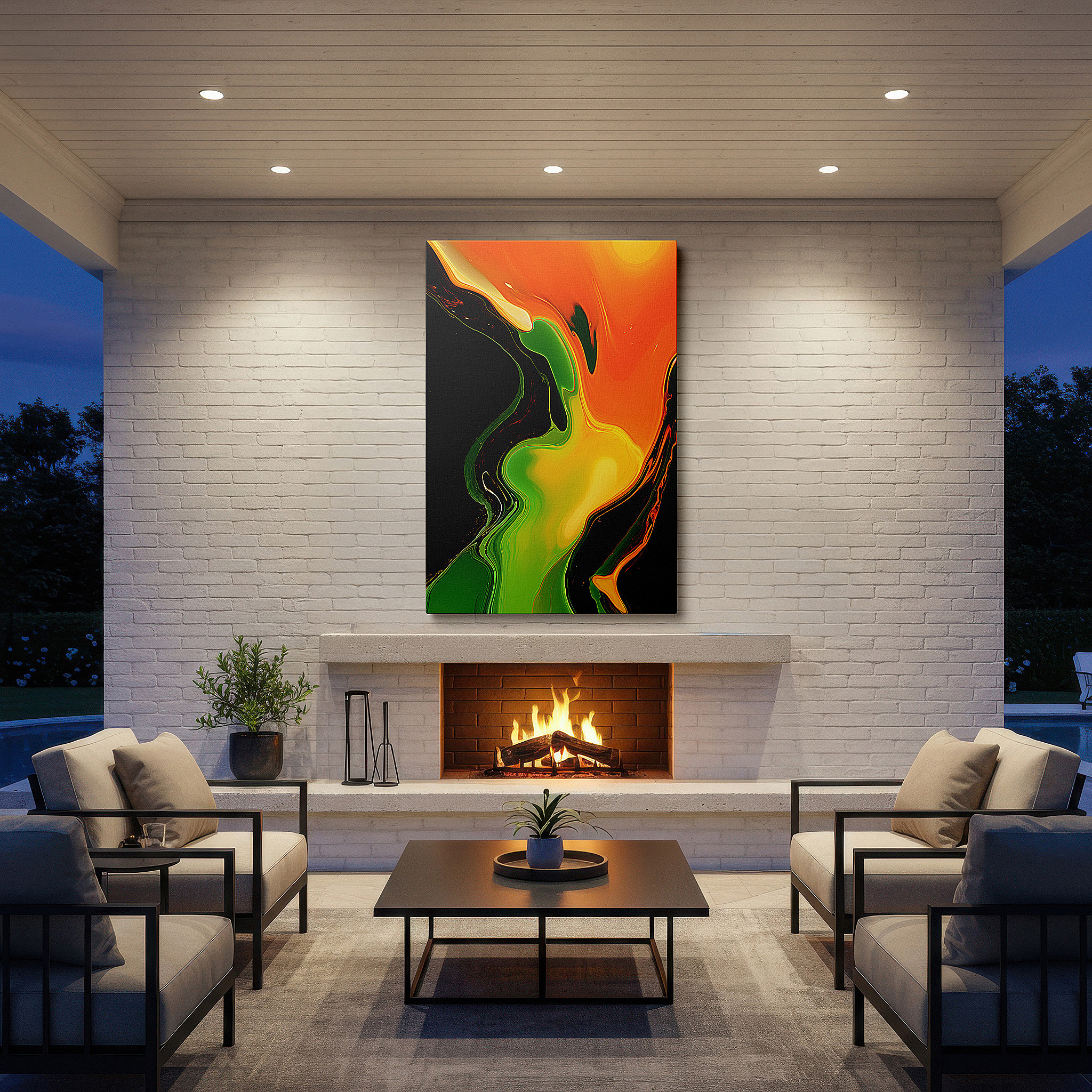 Framed by abstract decor and natural-toned accessories — vibrant orange and black dance of light and darkness large canvas wall art for office and bedroom decor