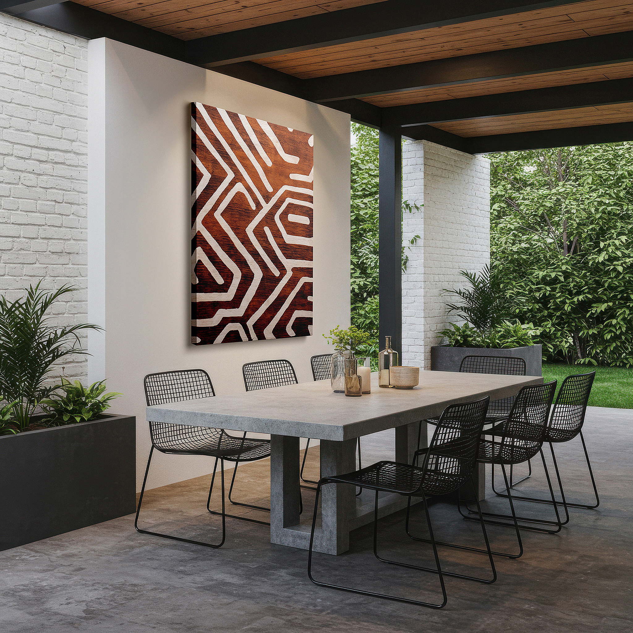 Framed by abstract decor and natural-toned accessories — visual harmony through textile transformation: celebrating intricate patterns and earthy tones in large wall art, canvas wall art, and office wall decor