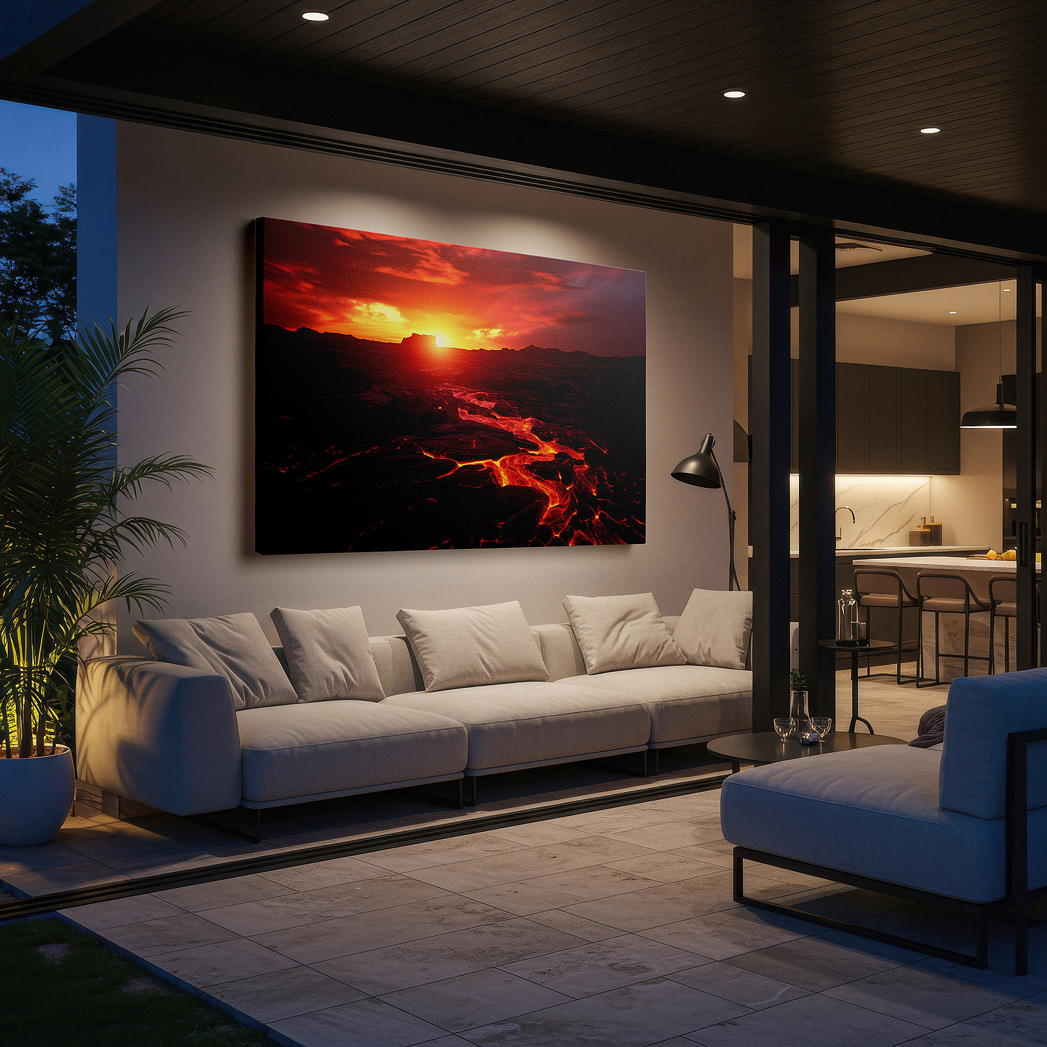 Framed by abstract decor and natural-toned accessories — volcanic rage beneath a sunset sky - a striking contrast of light and darkness large wall art, canvas wall art, wall decor, office wall art
