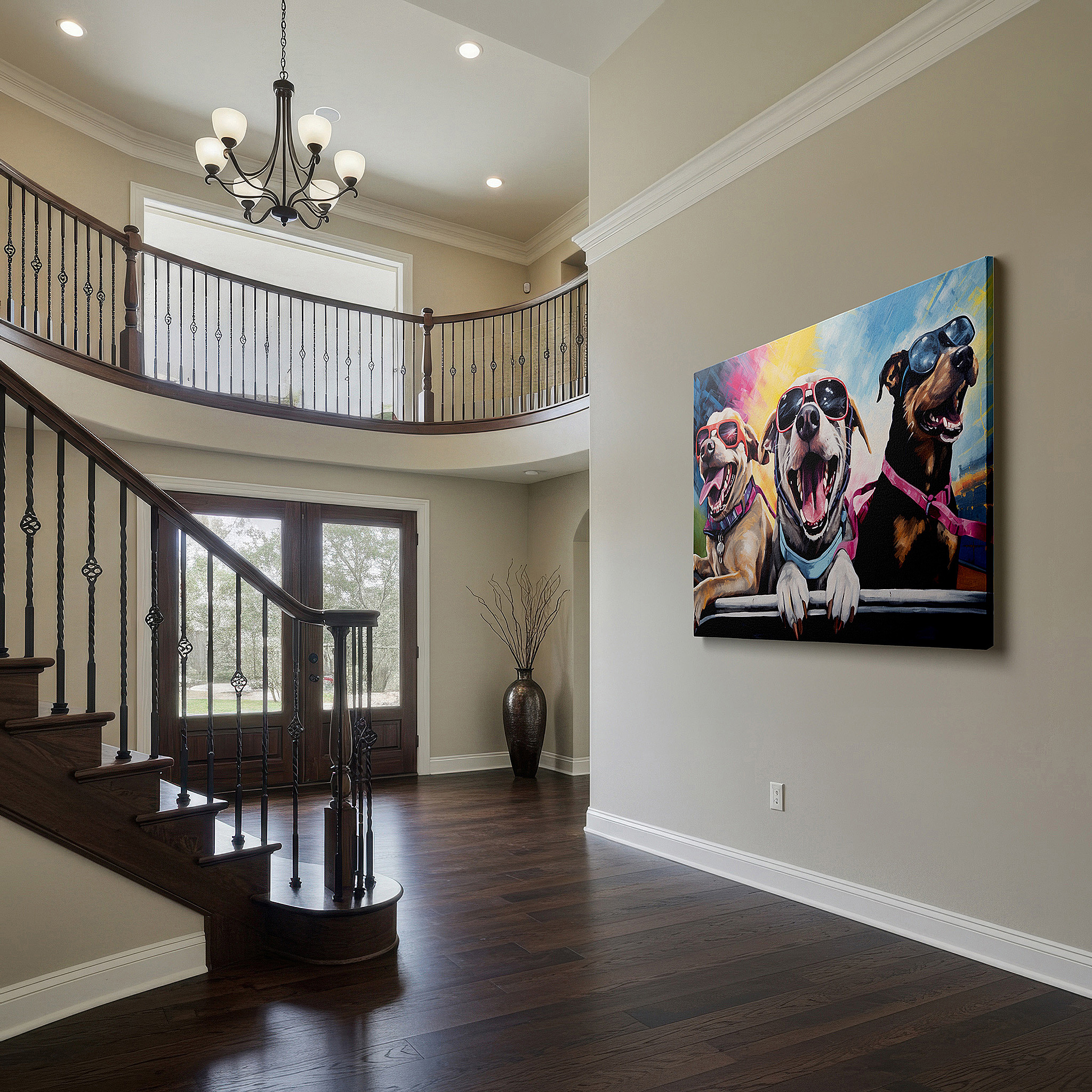 Framed by abstract decor and natural-toned accessories — wall art: celebrate life and style with trendy dogs in sunglasses - large canvas wall art for office and bedroom decor