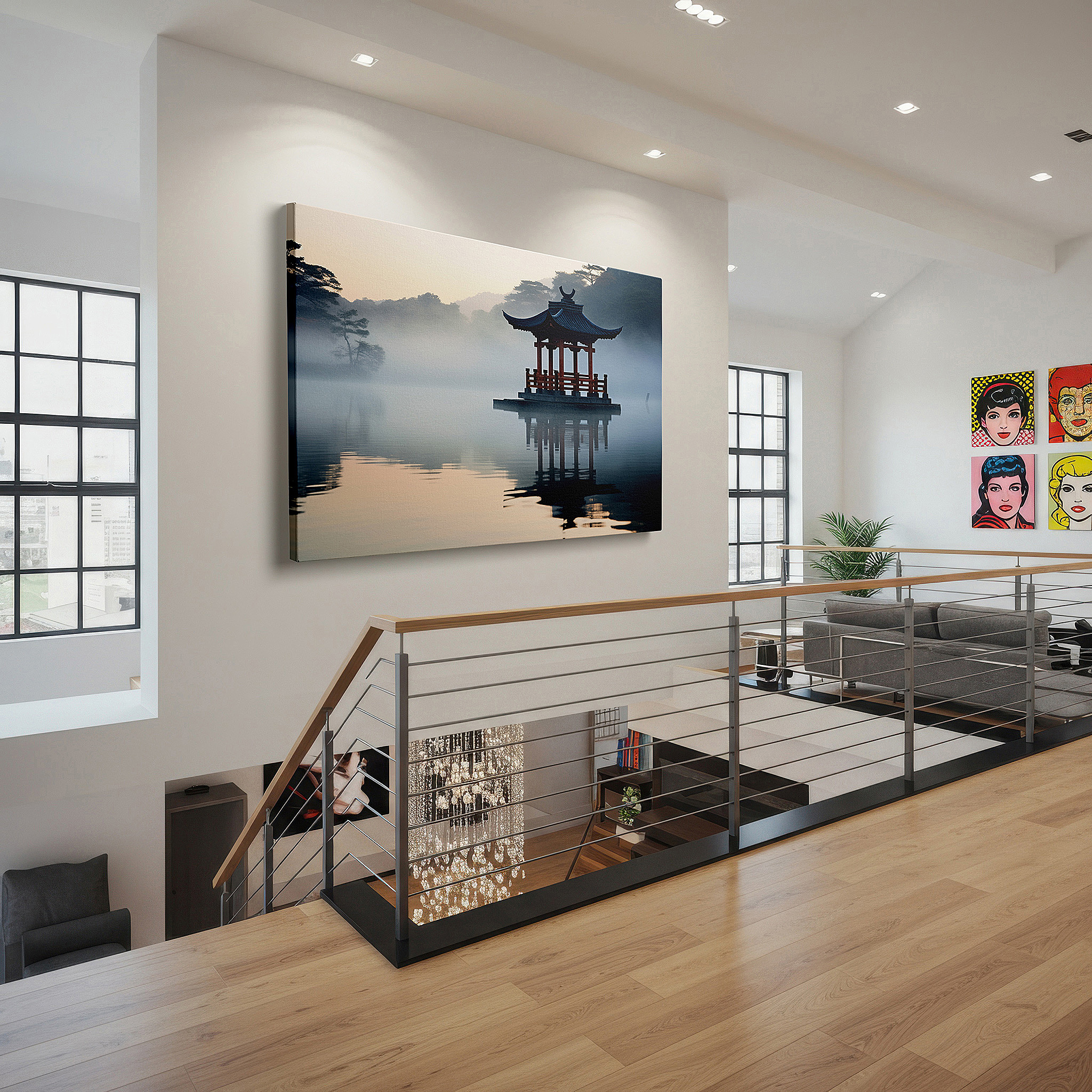 Framed by abstract decor and natural-toned accessories — wall art: "dawn's embrace at the red pavilion" - tranquil reflections on misty waters, large canvas wall art for home and office decor