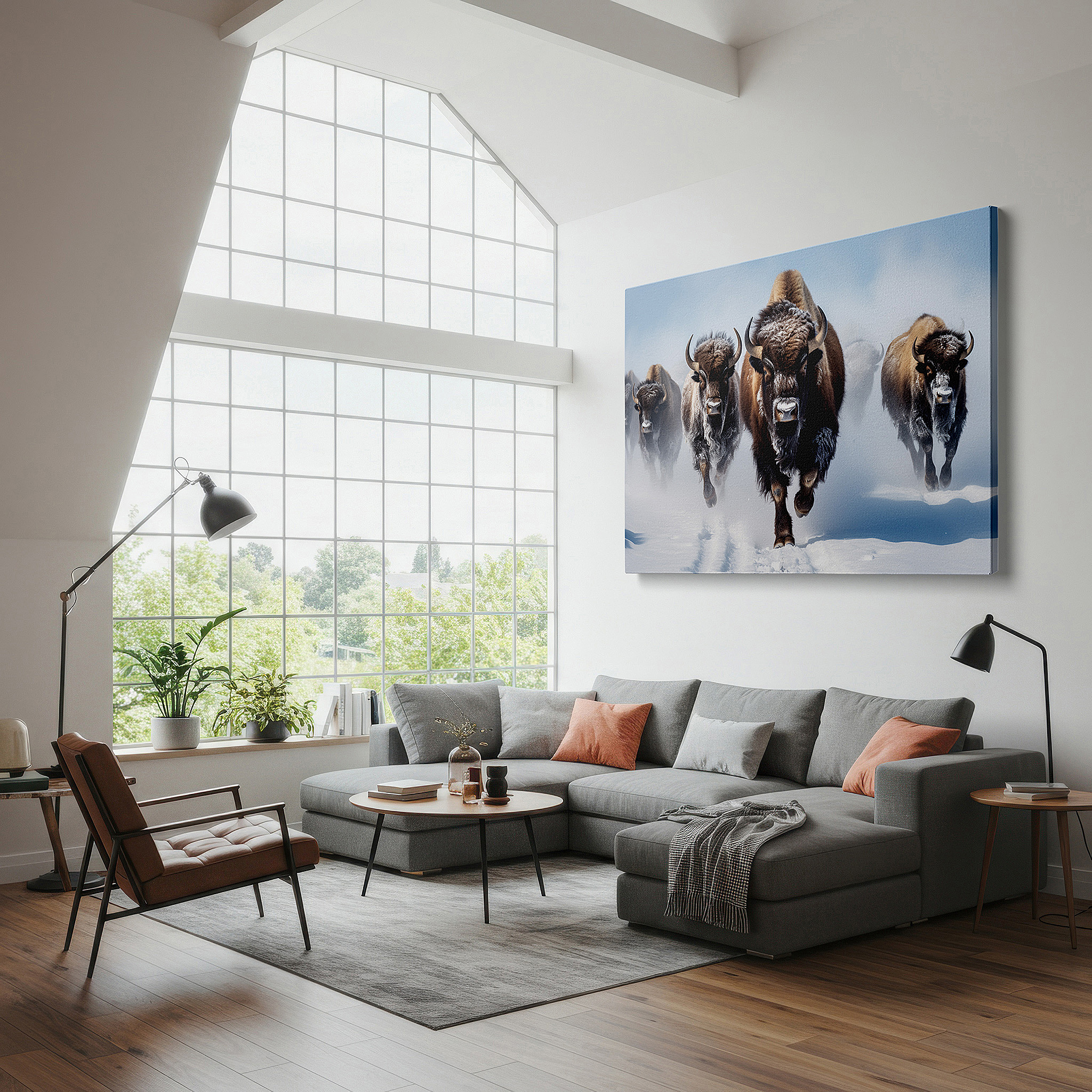 Framed by abstract decor and natural-toned accessories — wall art: dynamic bison charge across snow-covered plains - large canvas wall art for office, bedroom, and living room decor