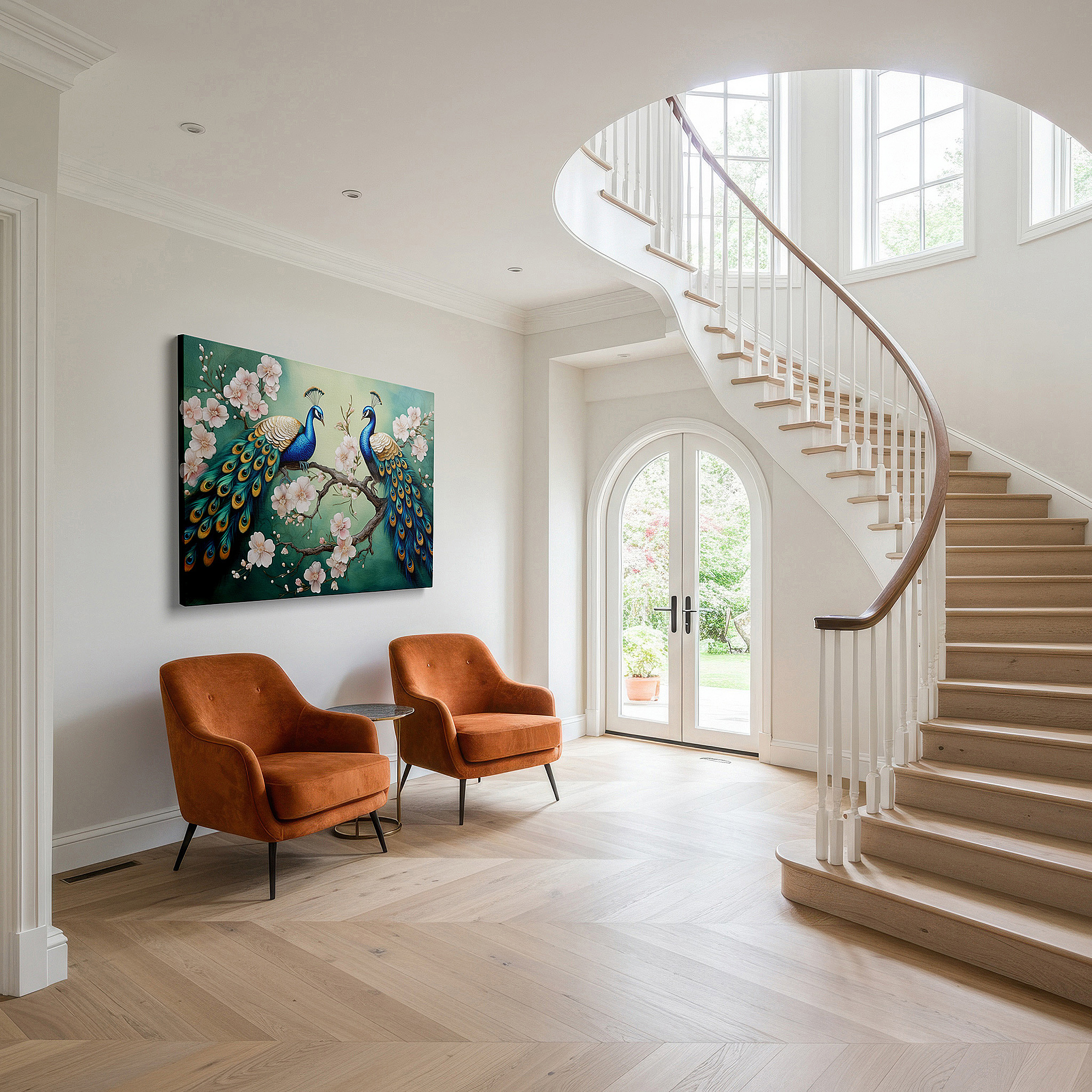 Framed by abstract decor and natural-toned accessories — wall art: elegant nature scene with peacocks and cherry blossoms - large canvas art for office and bedroom decor