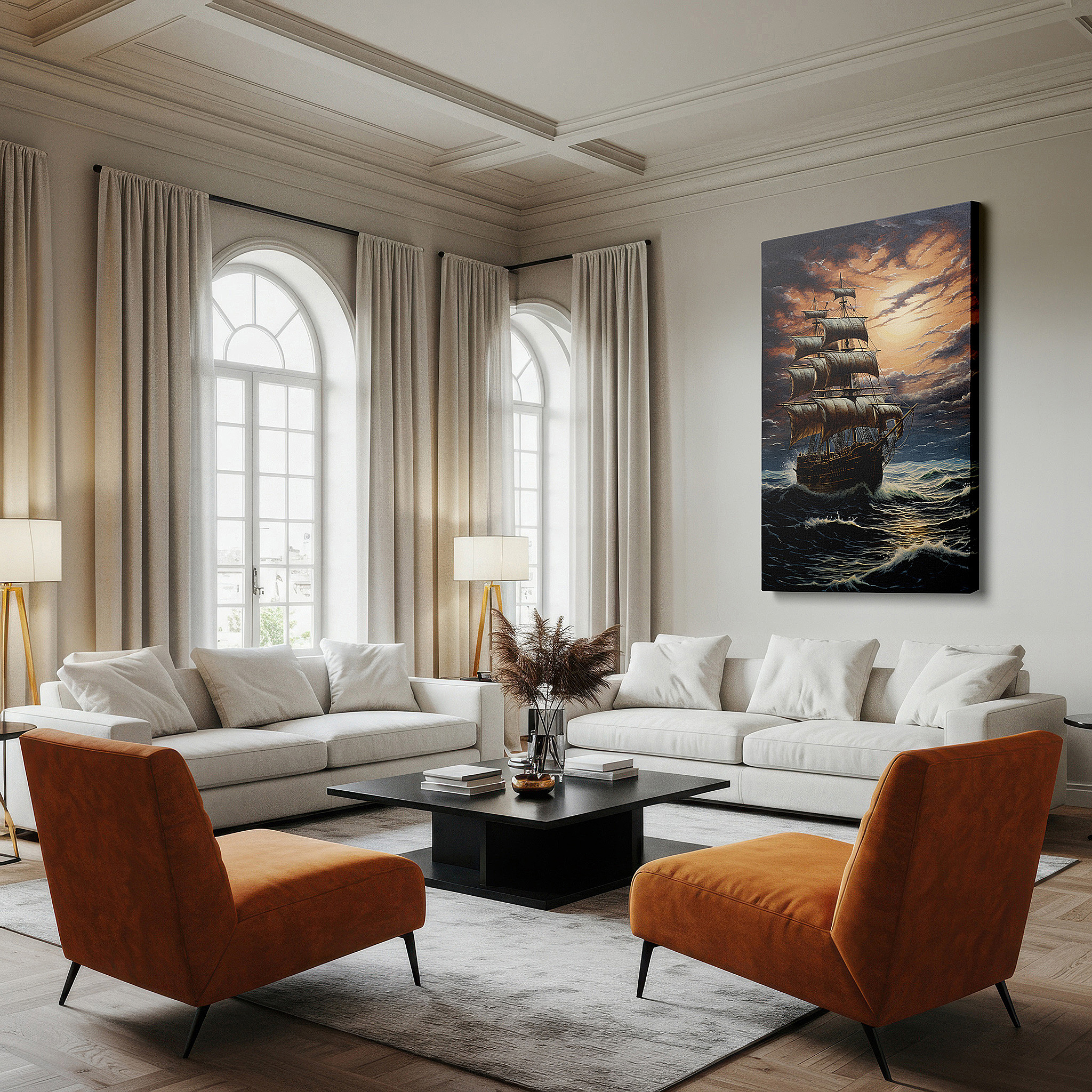 Framed by abstract decor and natural-toned accessories — wall art: enchanting nocturnal sea voyage - graceful sailing under a moonlit sky, unveiling nature's mysteries, large canvas wall art decor