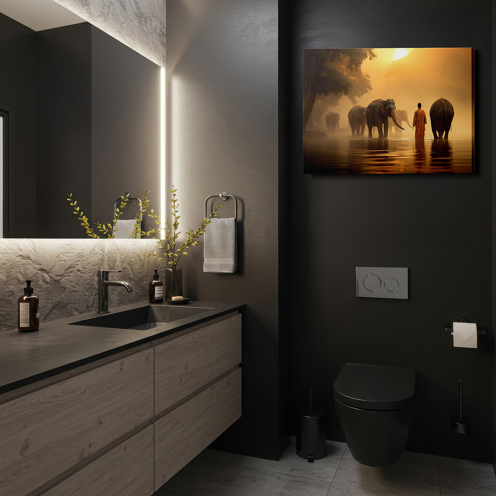 Framed by abstract decor and natural-toned accessories — wall art: experience harmony and spirituality with this misty sunrise scene featuring monks and elephants. perfect for office, bedroom, or living room decor. available as large canvas wall art.