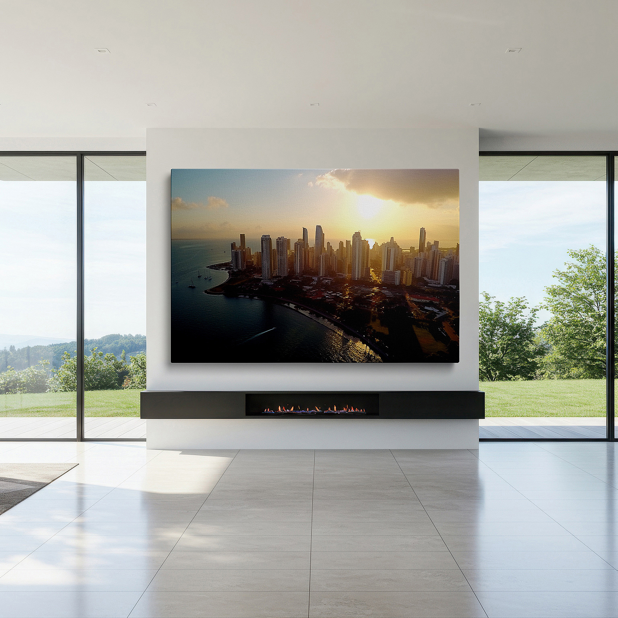 Framed by abstract decor and natural-toned accessories — wall art: sunset cityscape - celebrating urban innovation and modern vibrancy, large canvas art for home and office decor