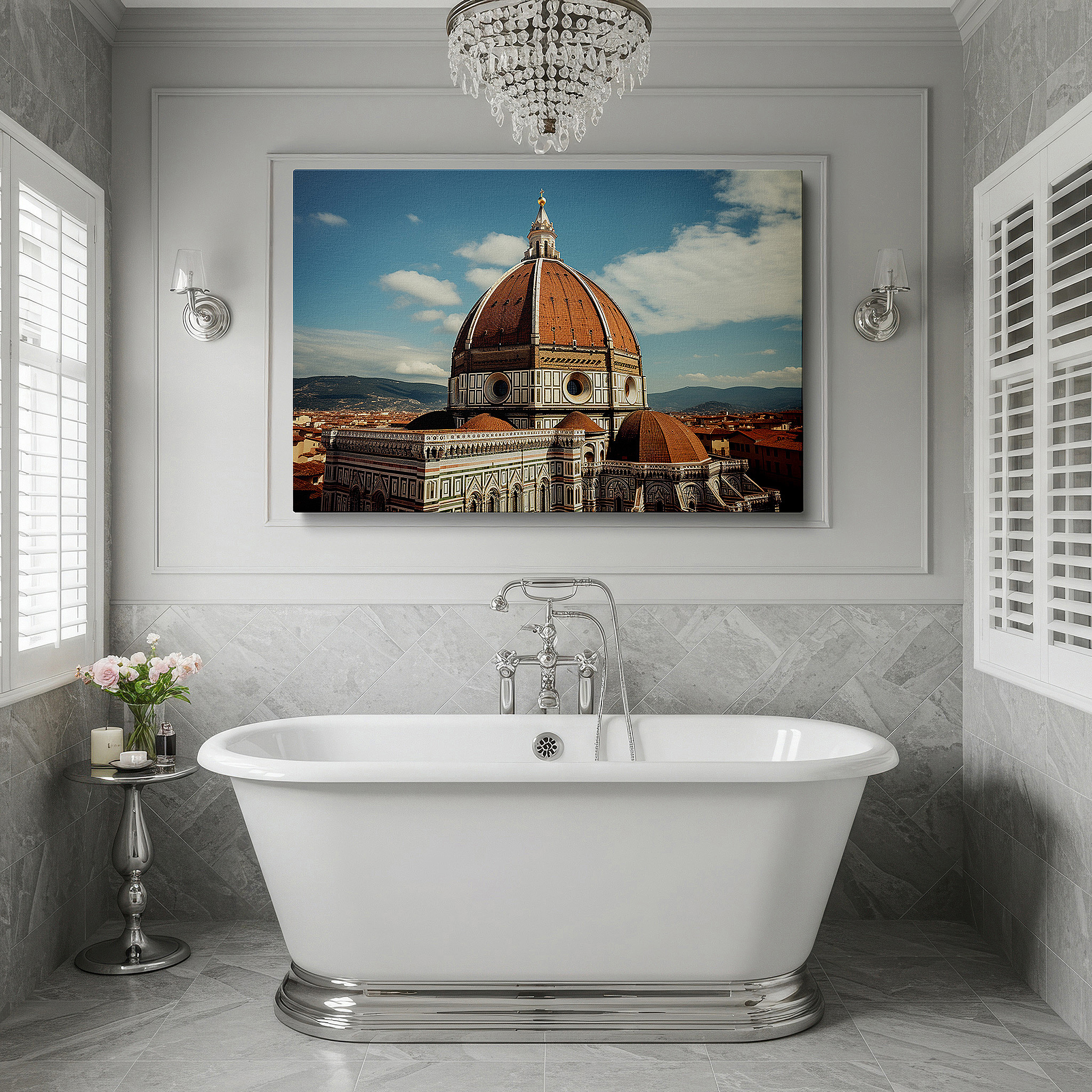 Framed by abstract decor and natural-toned accessories — wall art: sunset over florence's cathedral dome - a renaissance masterpiece. large canvas wall art for office and bedroom decor.