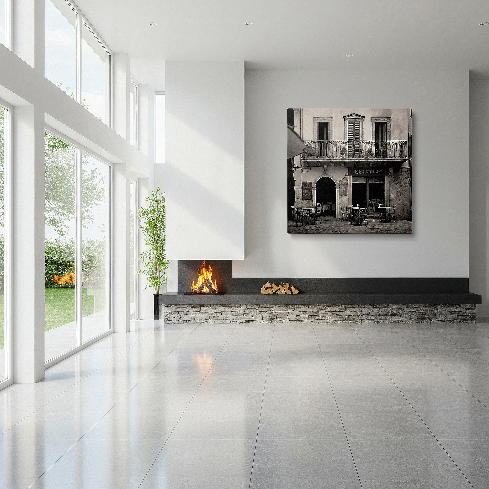 Framed by abstract decor and natural-toned accessories — wall art: timeless elegance of a classic restaurant facade in black and white - large canvas wall art for office, bedroom, and home decor.