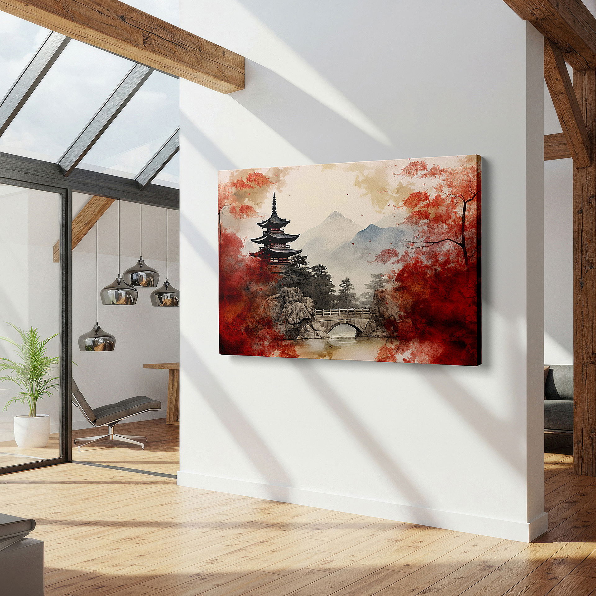 Framed by abstract decor and natural-toned accessories — wall art: tranquil japanese pagoda surrounded by autumn colors