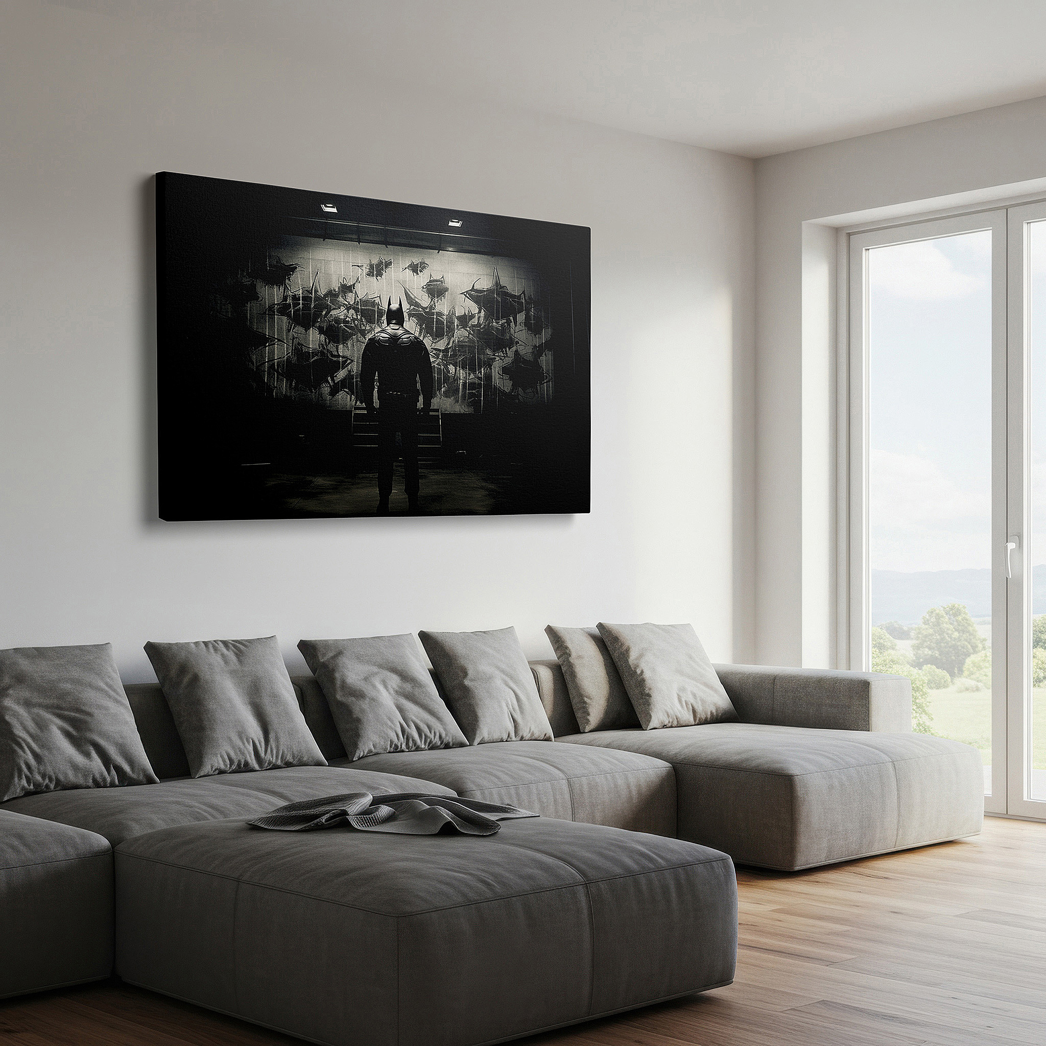 Framed by abstract decor and natural-toned accessories — wall art: the vigilante of justice and mystery - a symbolic representation of righteousness and secrecy. large canvas wall art for office decor.