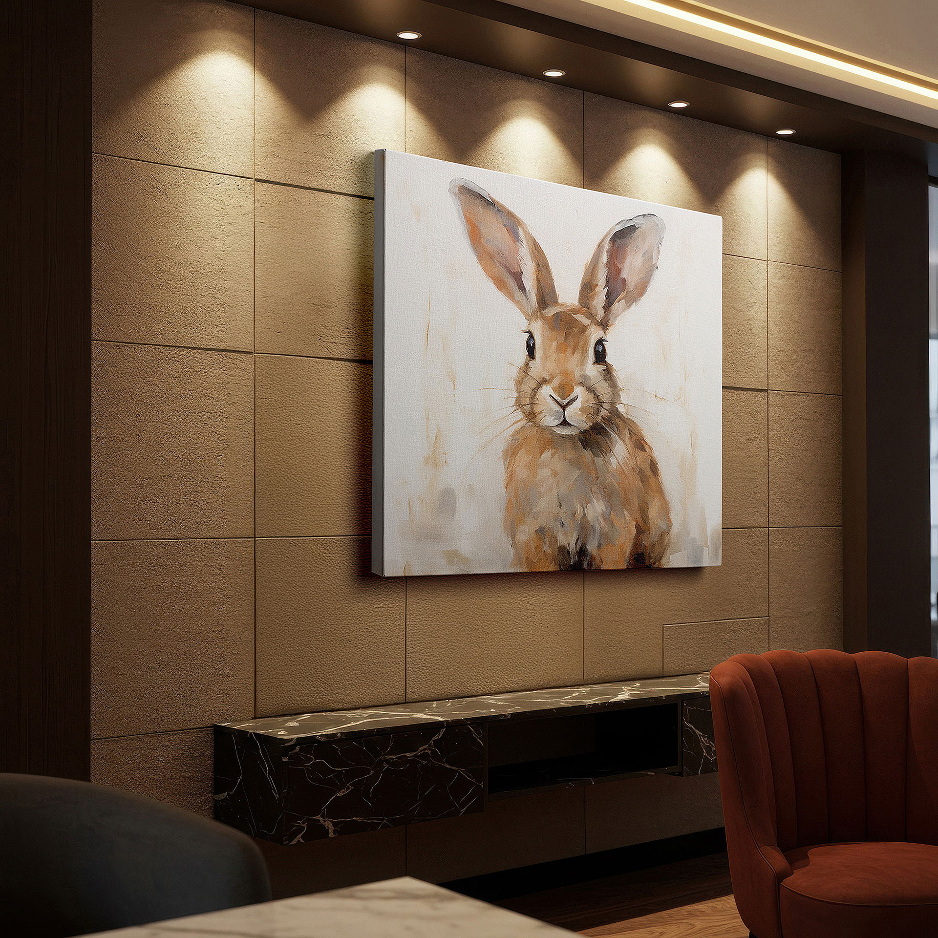 Framed by abstract decor and natural-toned accessories — wall decor: stunningly detailed rabbit portrait embraces the spirit