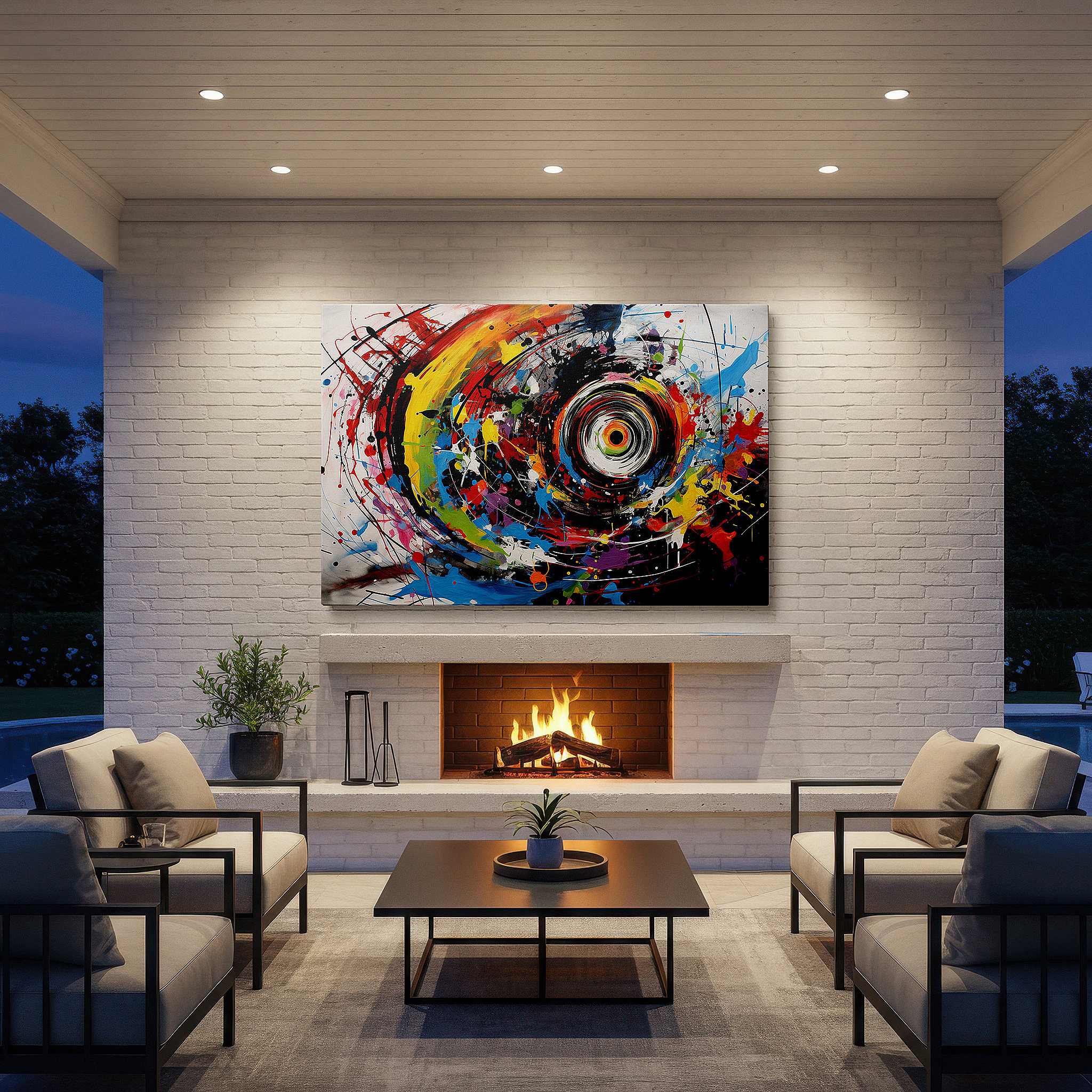 Framed by abstract decor and natural-toned accessories — wall decor: vibrant abstract symphony - large canvas art for office, bedroom, and living spaces