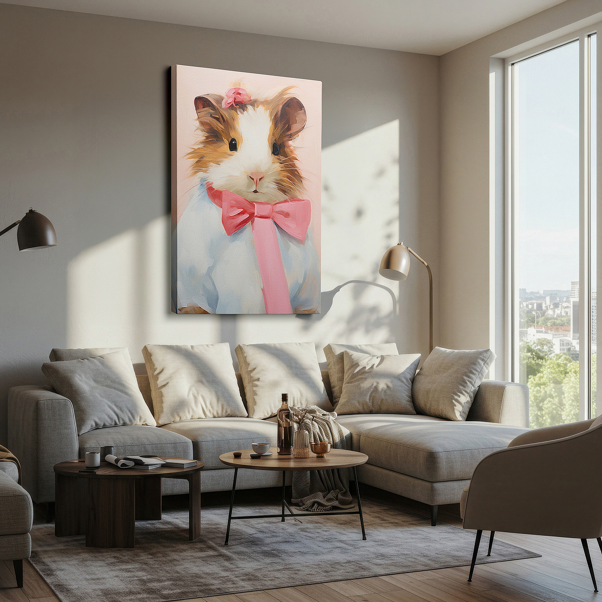 Framed by abstract decor and natural-toned accessories — whimsical guinea pig in white dress and pink bow on soft pink background - large canvas wall art for office and bedroom decor