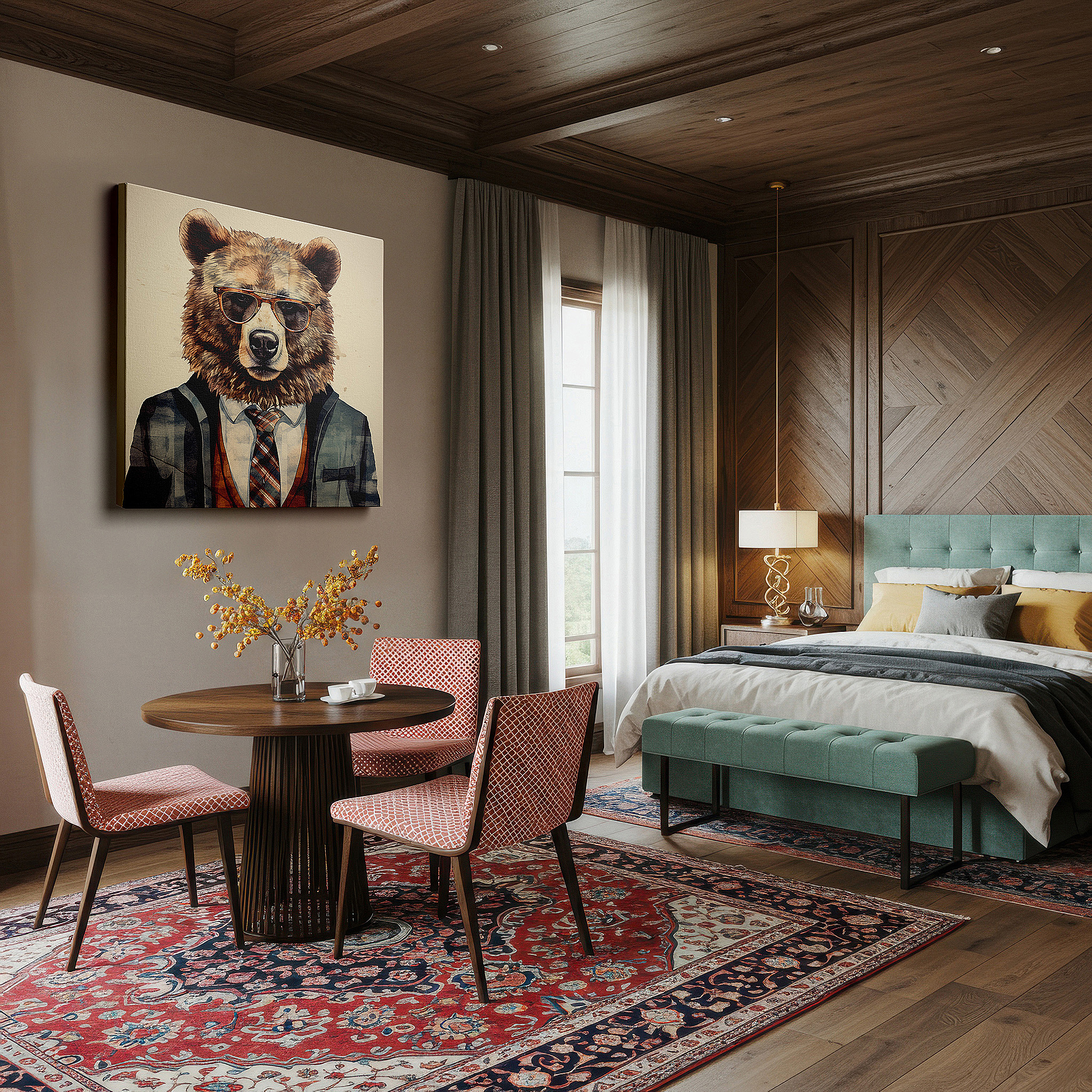Framed by abstract decor and natural-toned accessories — whimsical sophistication: chic bear in suit and glasses - large canvas wall art for office, bedroom, and living room decor