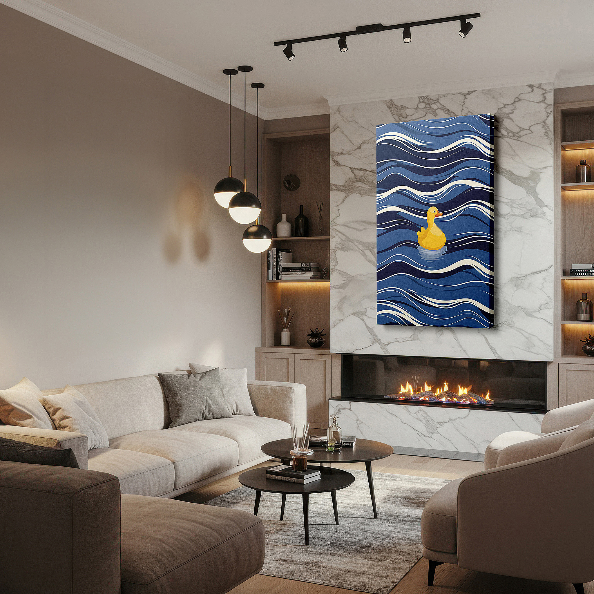 Framed by abstract decor and natural-toned accessories — yellow duck serenely floating on artistic blue waves, symbolizing joy and tranquility, large canvas wall art for office decor