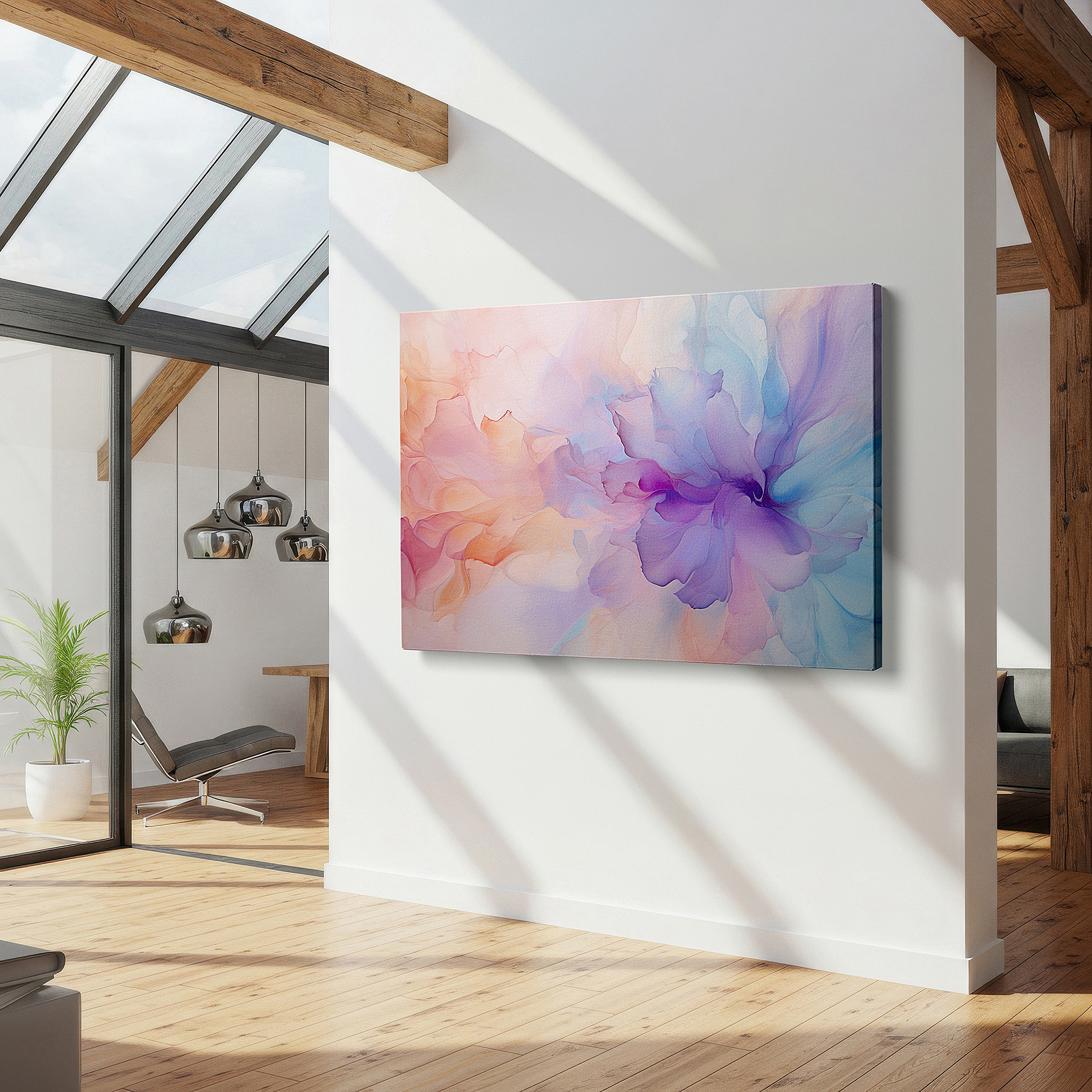 Gently illuminated by ambient lighting in an entryway — abstract dreamy floral canvas with vibrant pastels and calming shapes, ideal for large wall decor in offices or bedrooms