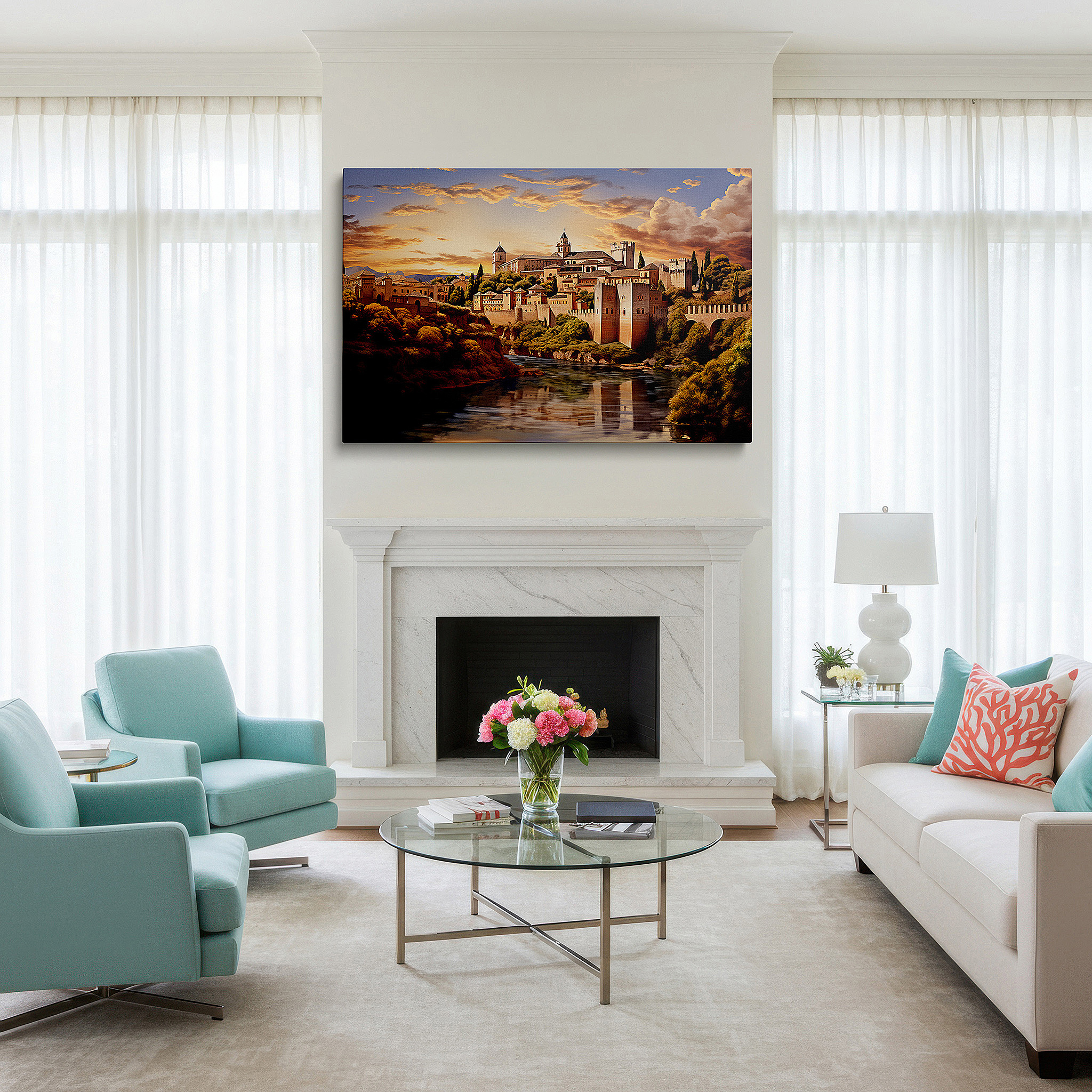 Gently illuminated by ambient lighting in an entryway — alhambra's autumn splendor: a canvas of fiery reds and earth tones set against historic grandeur - large wall art for office decor