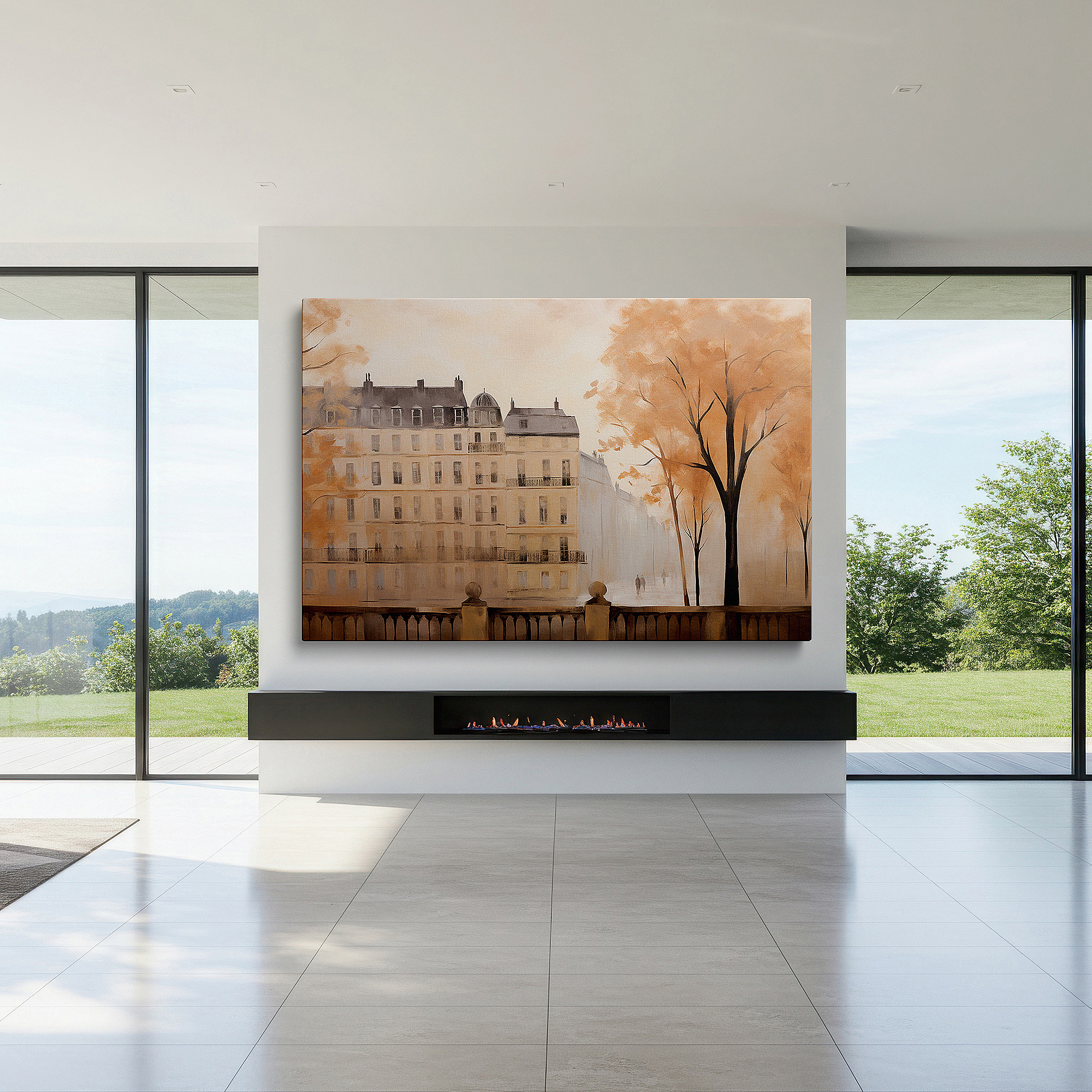 Gently illuminated by ambient lighting in an entryway — autumn cityscape canvas wall art featuring fiery leaves and cobblestone streets for office and bedroom decor