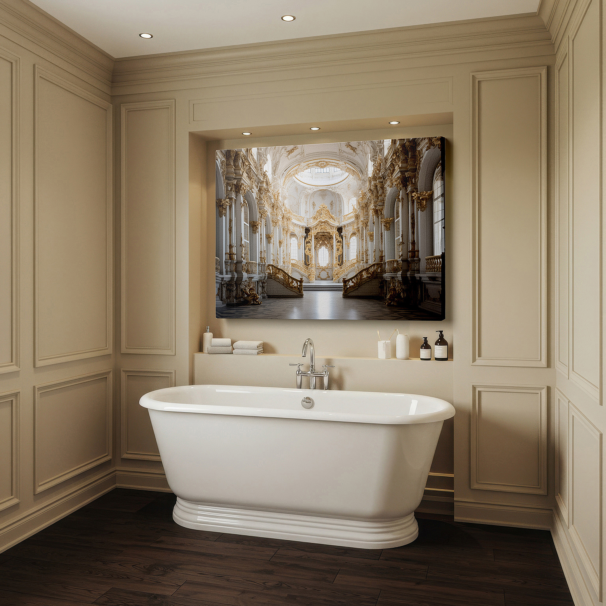 Gently illuminated by ambient lighting in an entryway — baroque splendor: timeless elegance in light and shadow with golden accents - large canvas wall art for office and bedroom decor