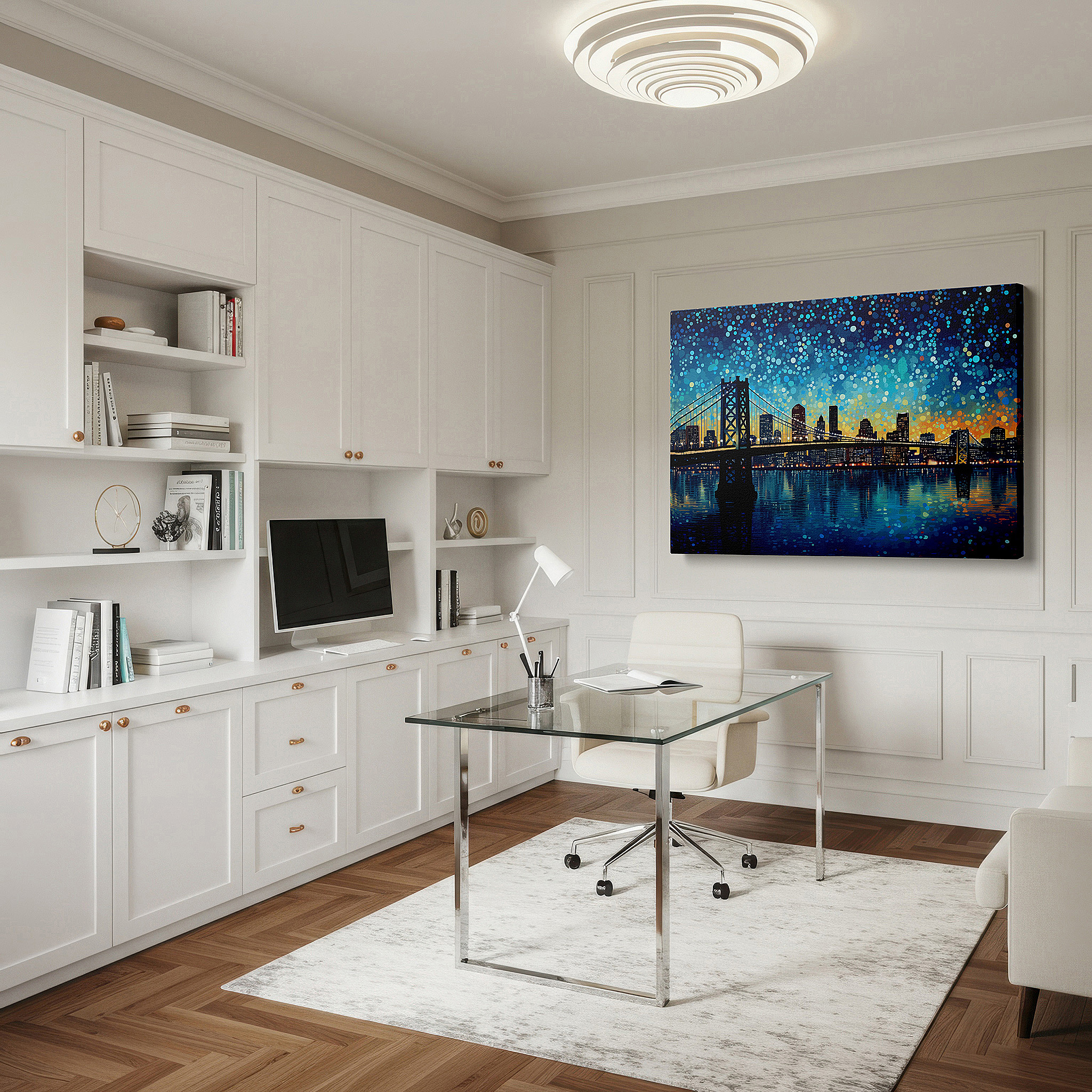Gently illuminated by ambient lighting in an entryway — bay bridge and city skyline nighttime splendor large canvas wall art for office, bedroom, and living room decor