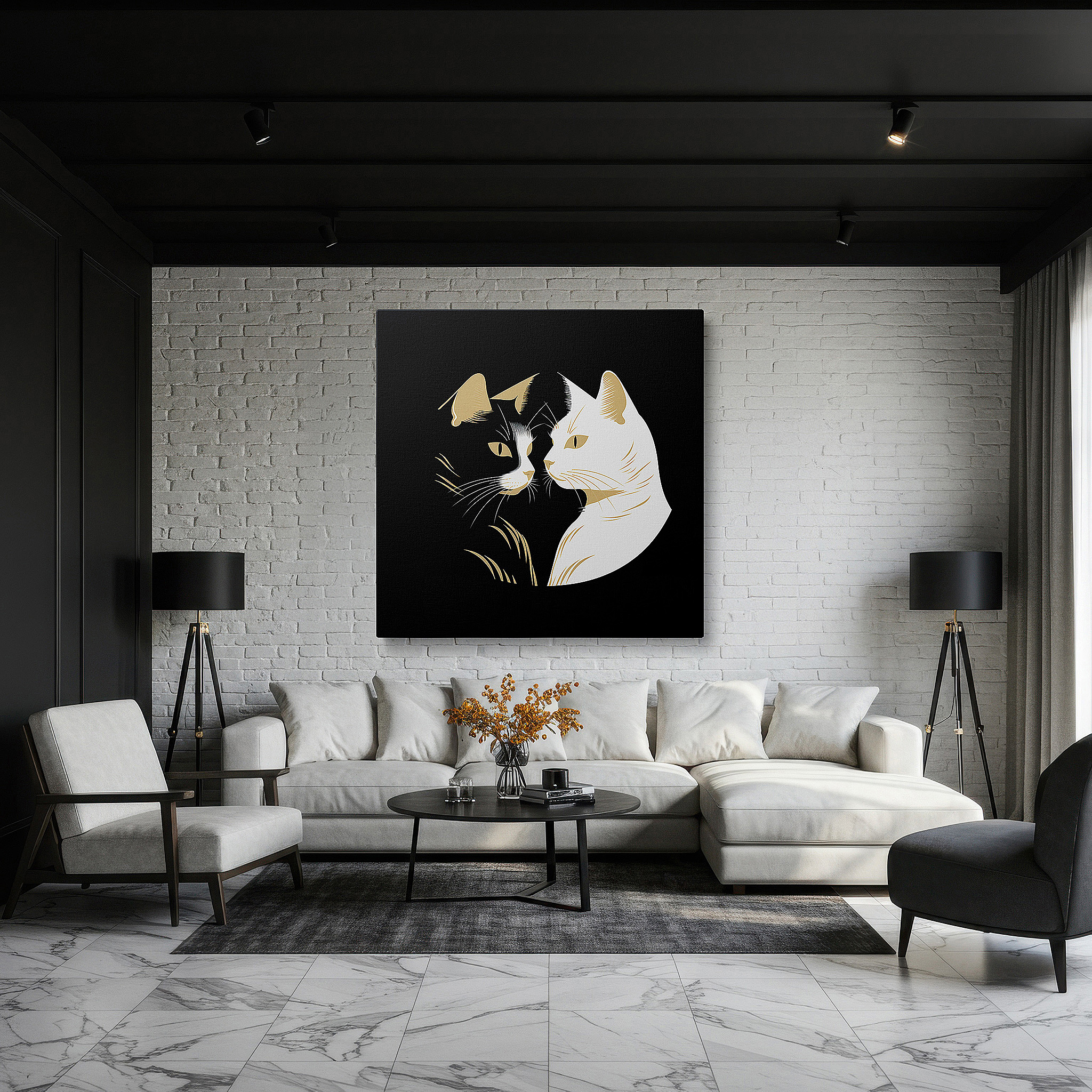 Gently illuminated by ambient lighting in an entryway — black and white duality - minimalist contrast featuring two cats, large canvas wall art for office and bedroom decor