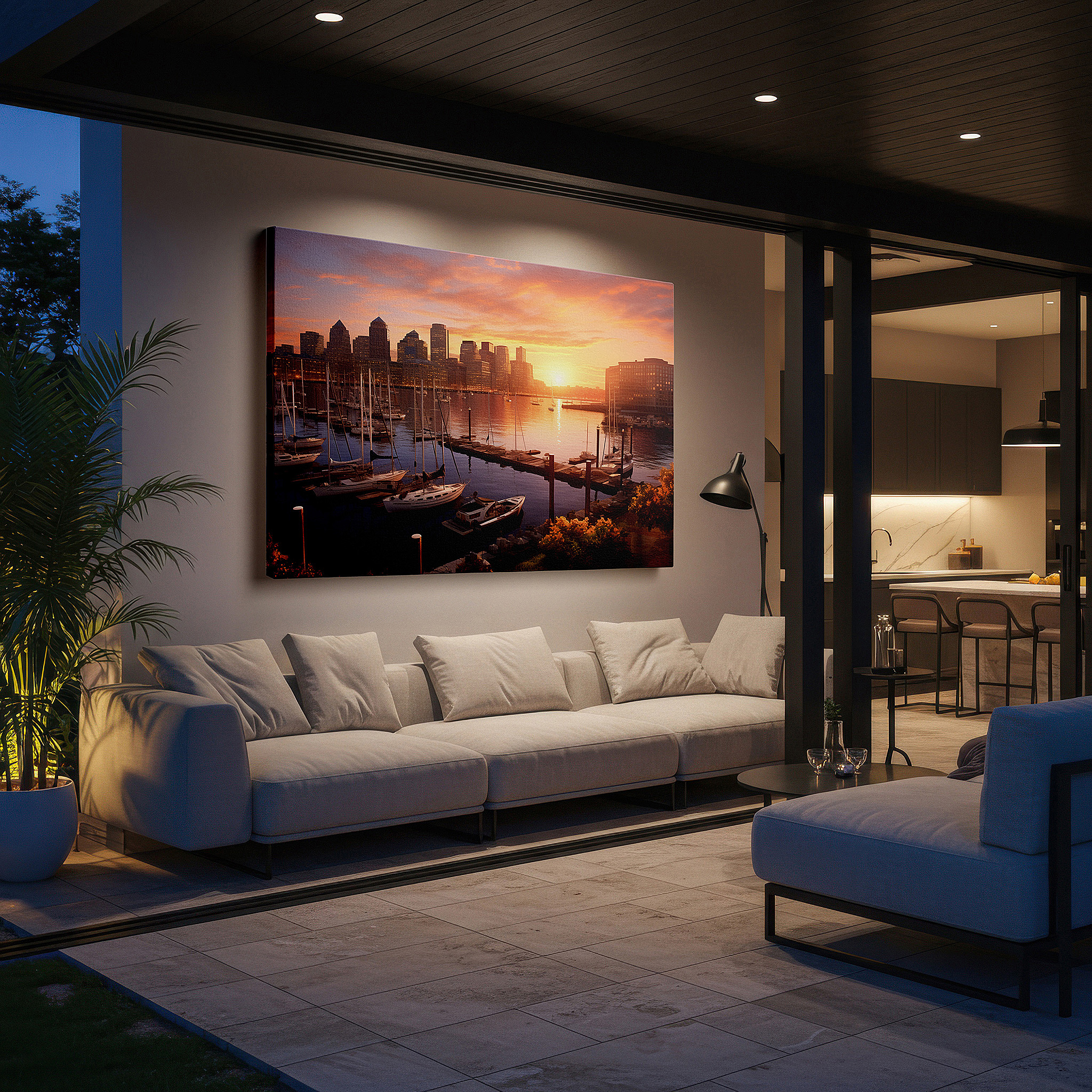 Gently illuminated by ambient lighting in an entryway — city sunrise - a fusion of modern and traditional architectures, large canvas wall art for office decor