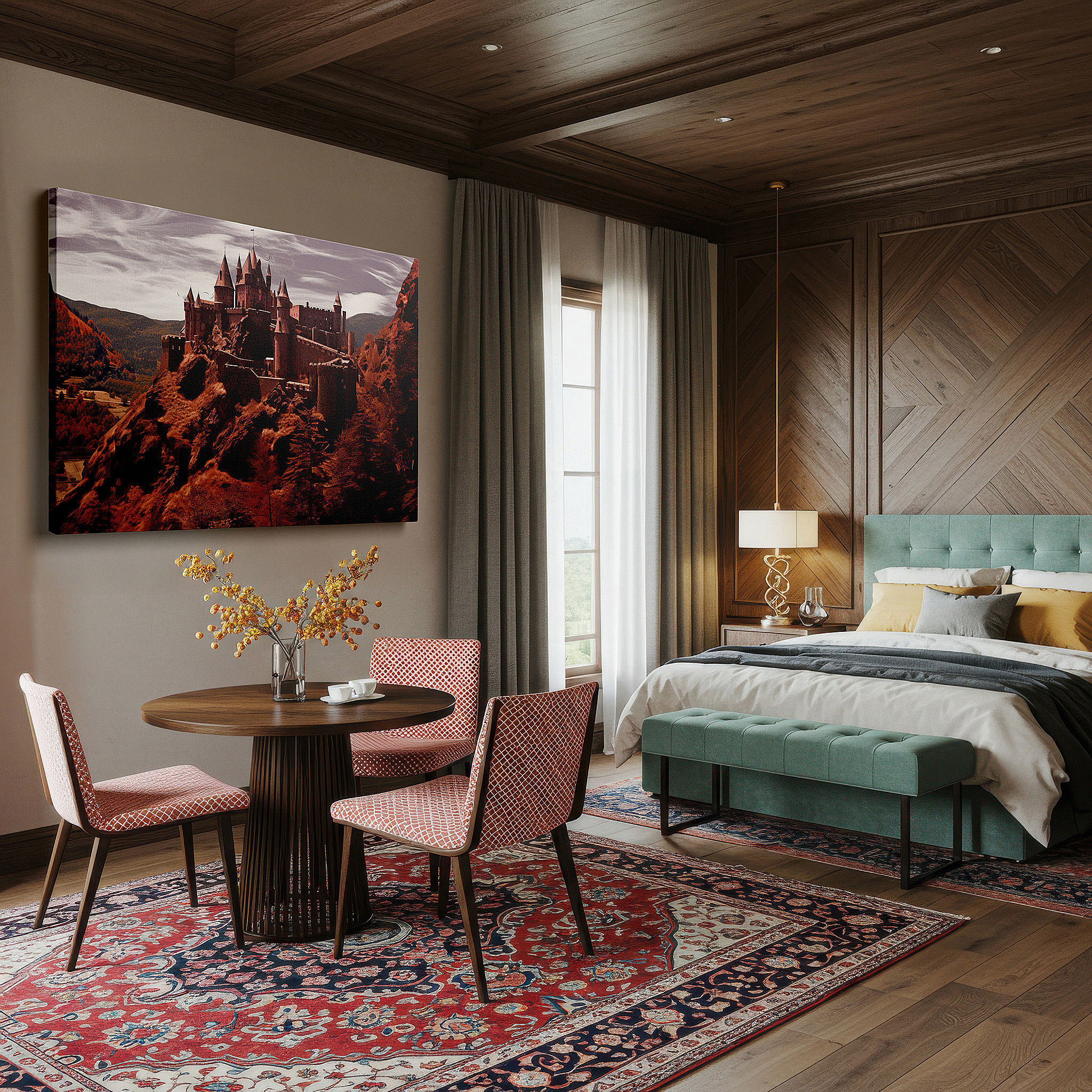 Gently illuminated by ambient lighting in an entryway — cliff-top fortress - celebrating ancient craftsmanship and the splendor of nature, large canvas wall art for office decor