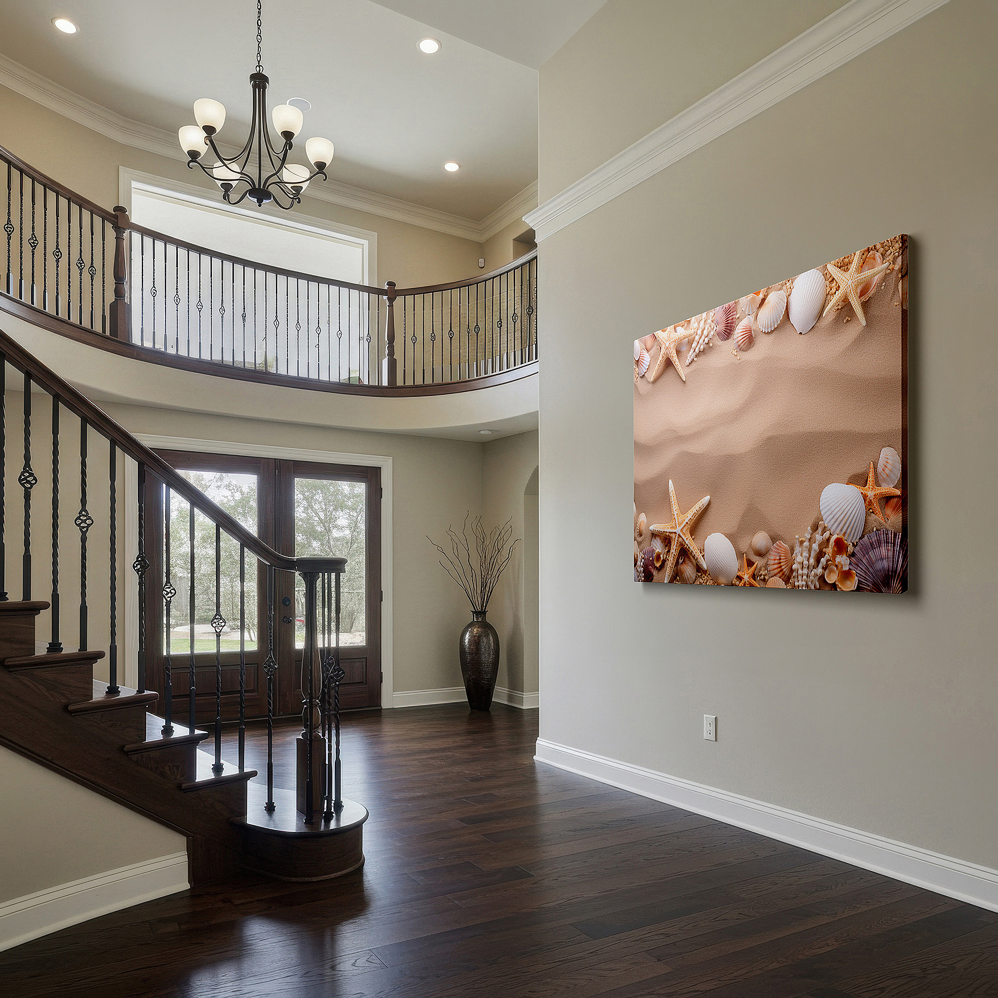 Gently illuminated by ambient lighting in an entryway — coastal-inspired wall art featuring seashells and starfish on a sandy background - perfect for living rooms, bedrooms, and offices