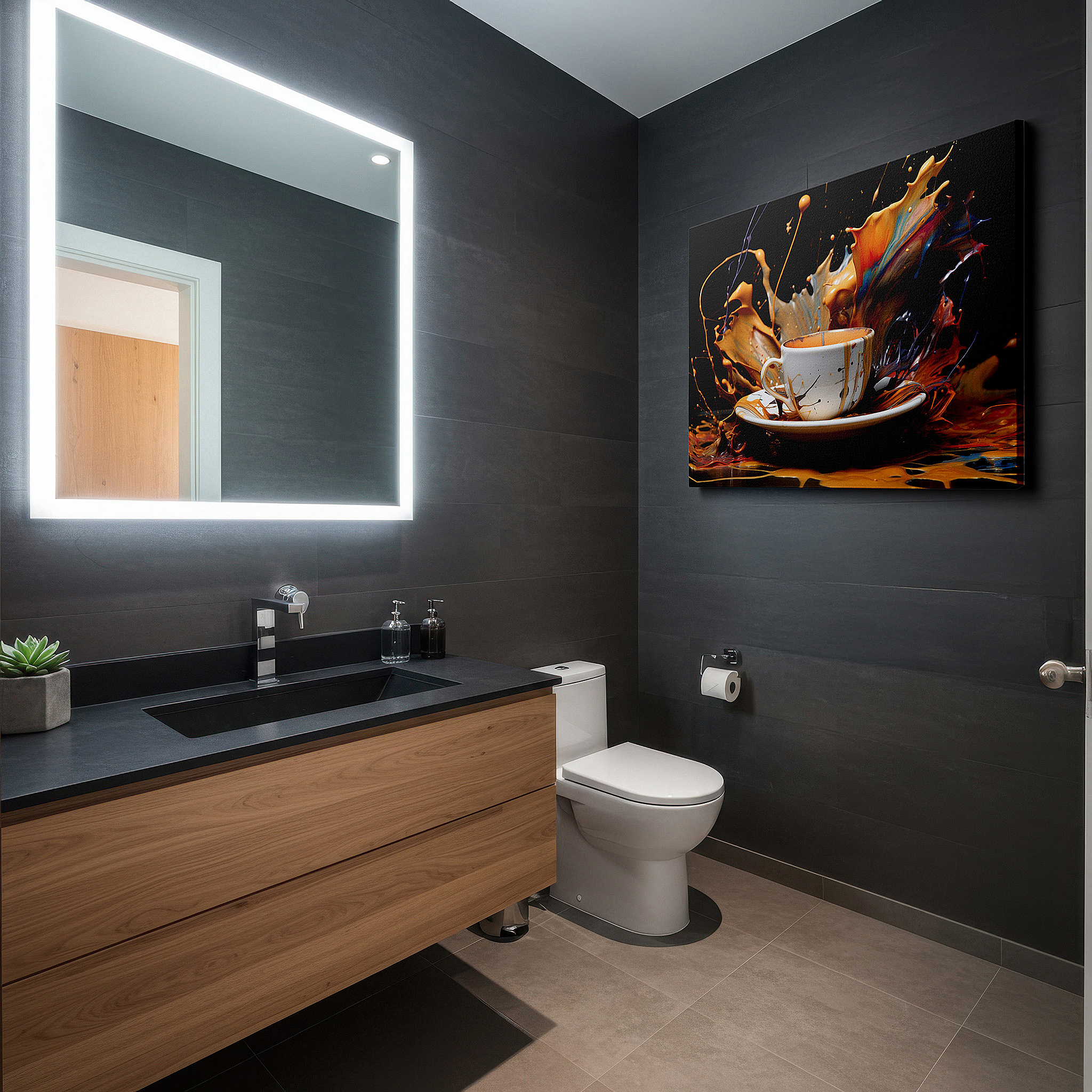 Gently illuminated by ambient lighting in an entryway — coffee splash art in warm tones: large canvas wall art for office, bedroom, and living room decor