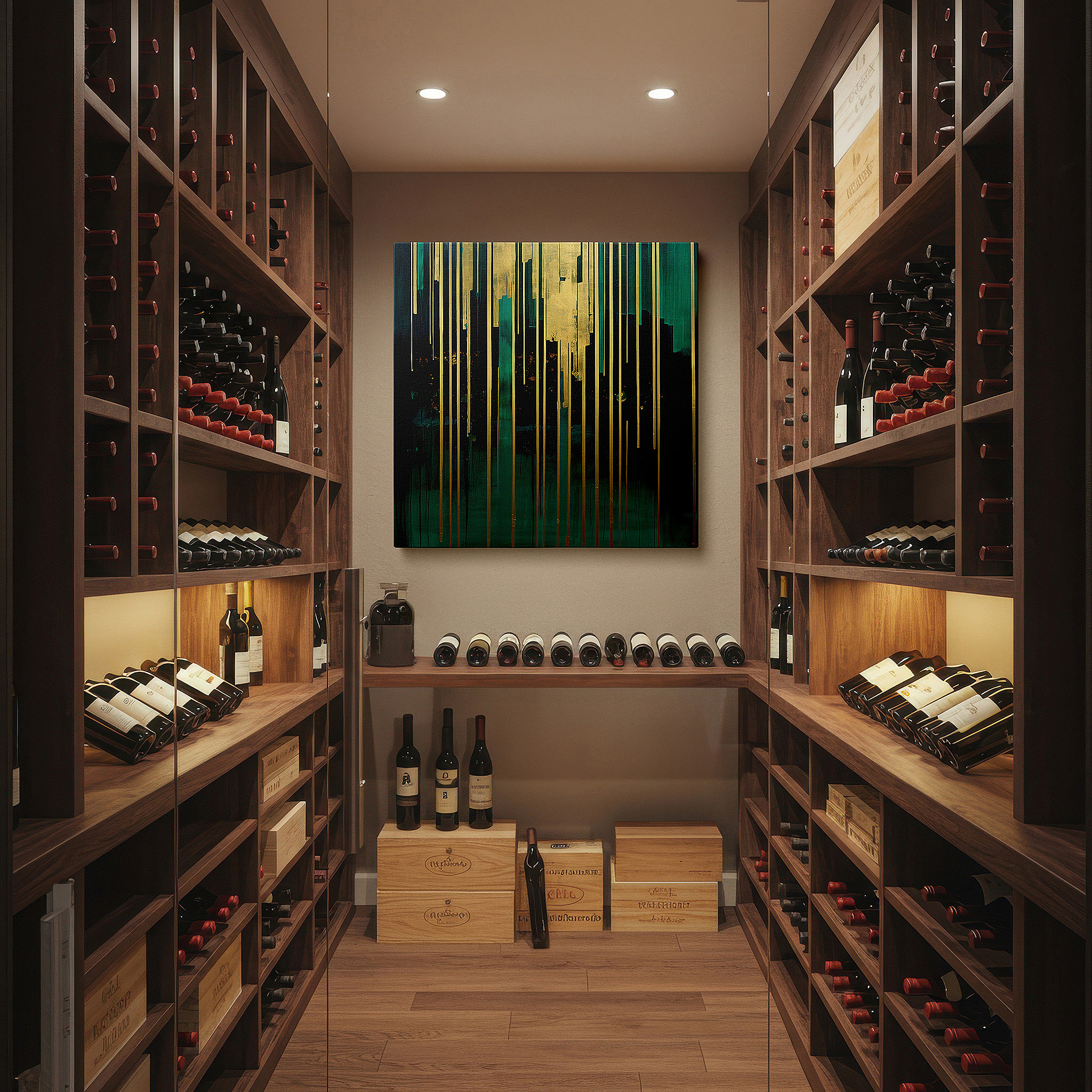 Gently illuminated by ambient lighting in an entryway — contemporary creativity captured: vivid green and rich gold lines large wall art, canvas wall art, wall decor for office
