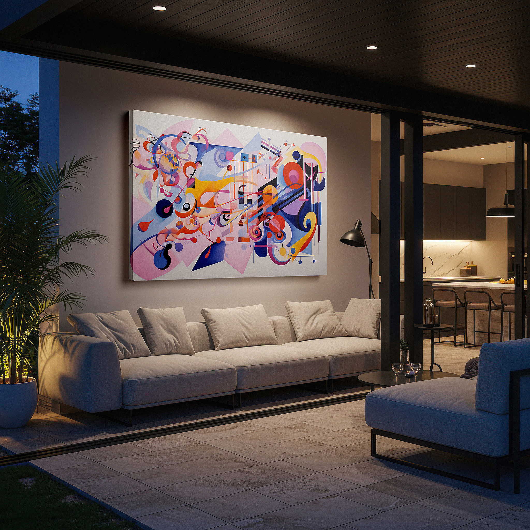 Gently illuminated by ambient lighting in an entryway — dynamic abstract artwork featuring fluid shapes and vibrant patterns, large canvas wall decor for office and bedroom