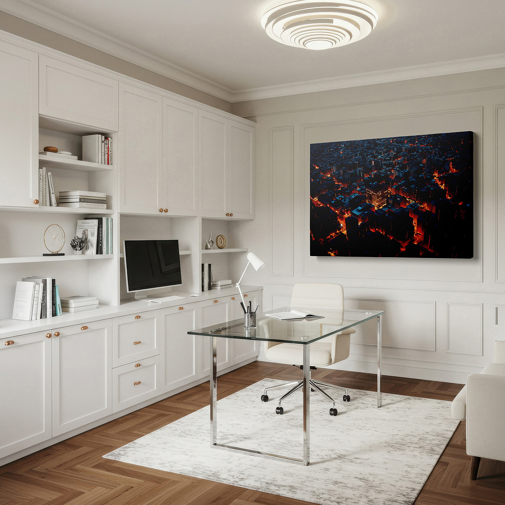 Gently illuminated by ambient lighting in an entryway — dynamic urban nightscape with golden street lights large canvas wall art for office and bedroom decor