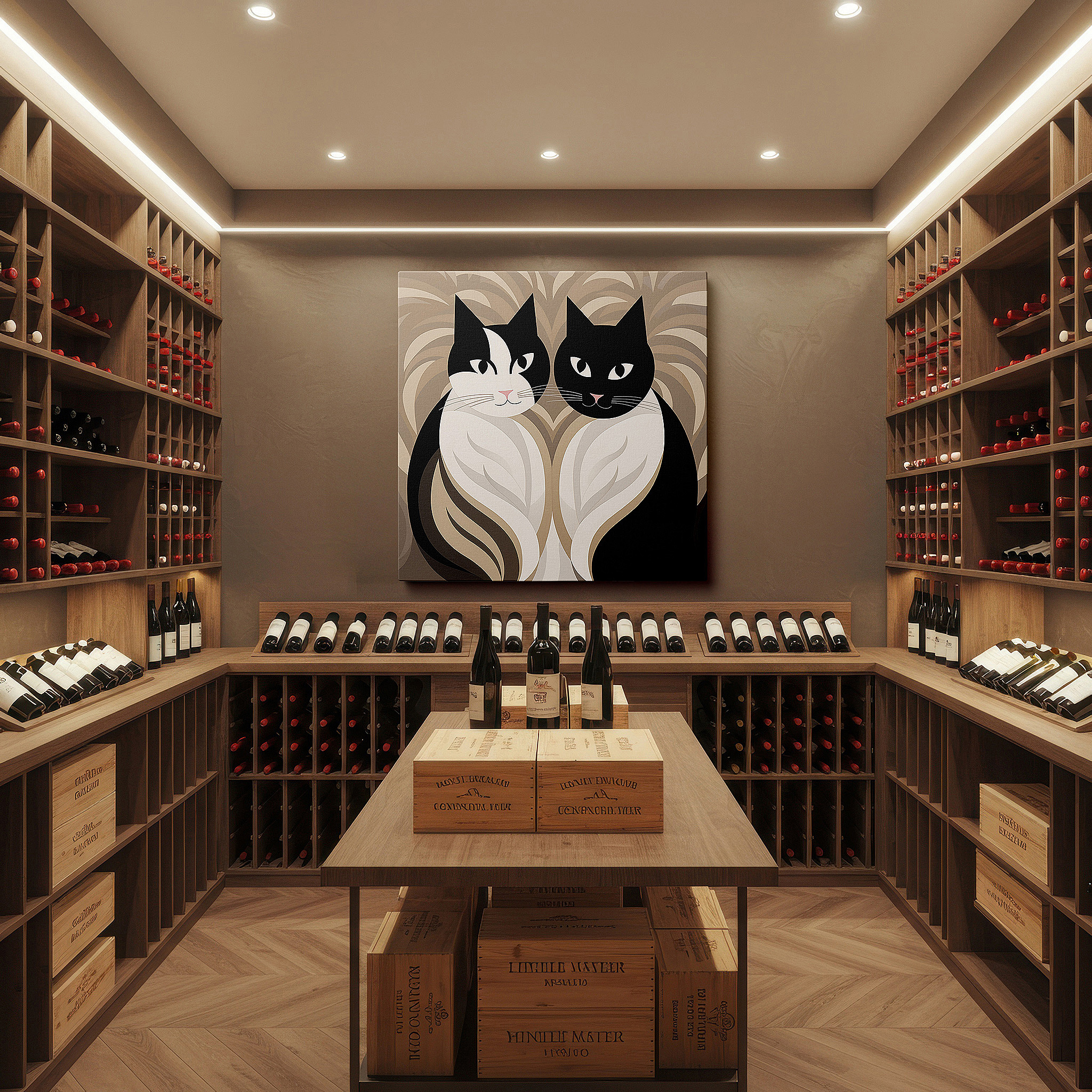 Gently illuminated by ambient lighting in an entryway — elegant black and white cat wall art showcasing grace and companionship, ideal for home and office decor, available as large canvas prints