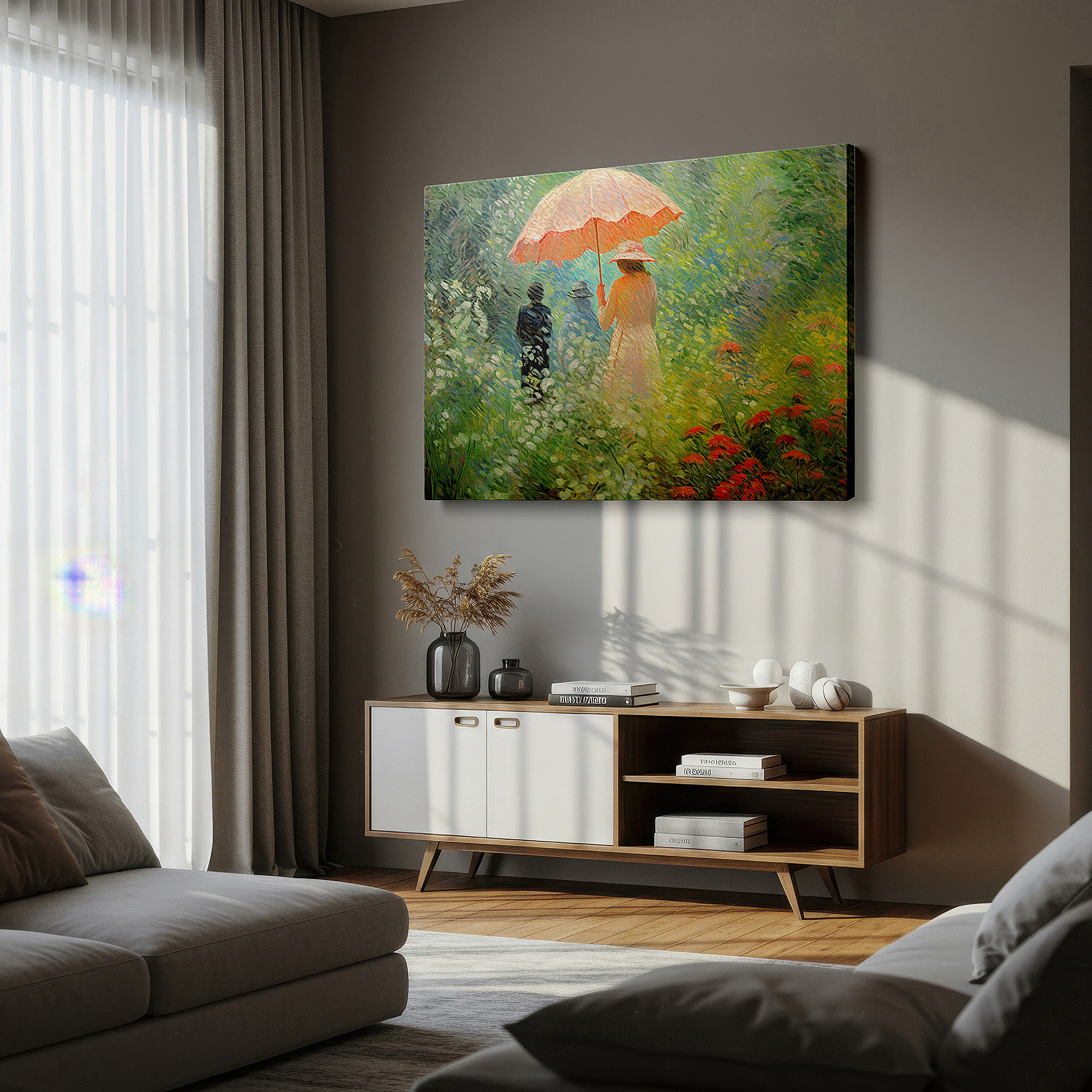 Gently illuminated by ambient lighting in an entryway — elegant lady with umbrella in a flourishing garden wall art, canvas decor for office, bedroom, and living room