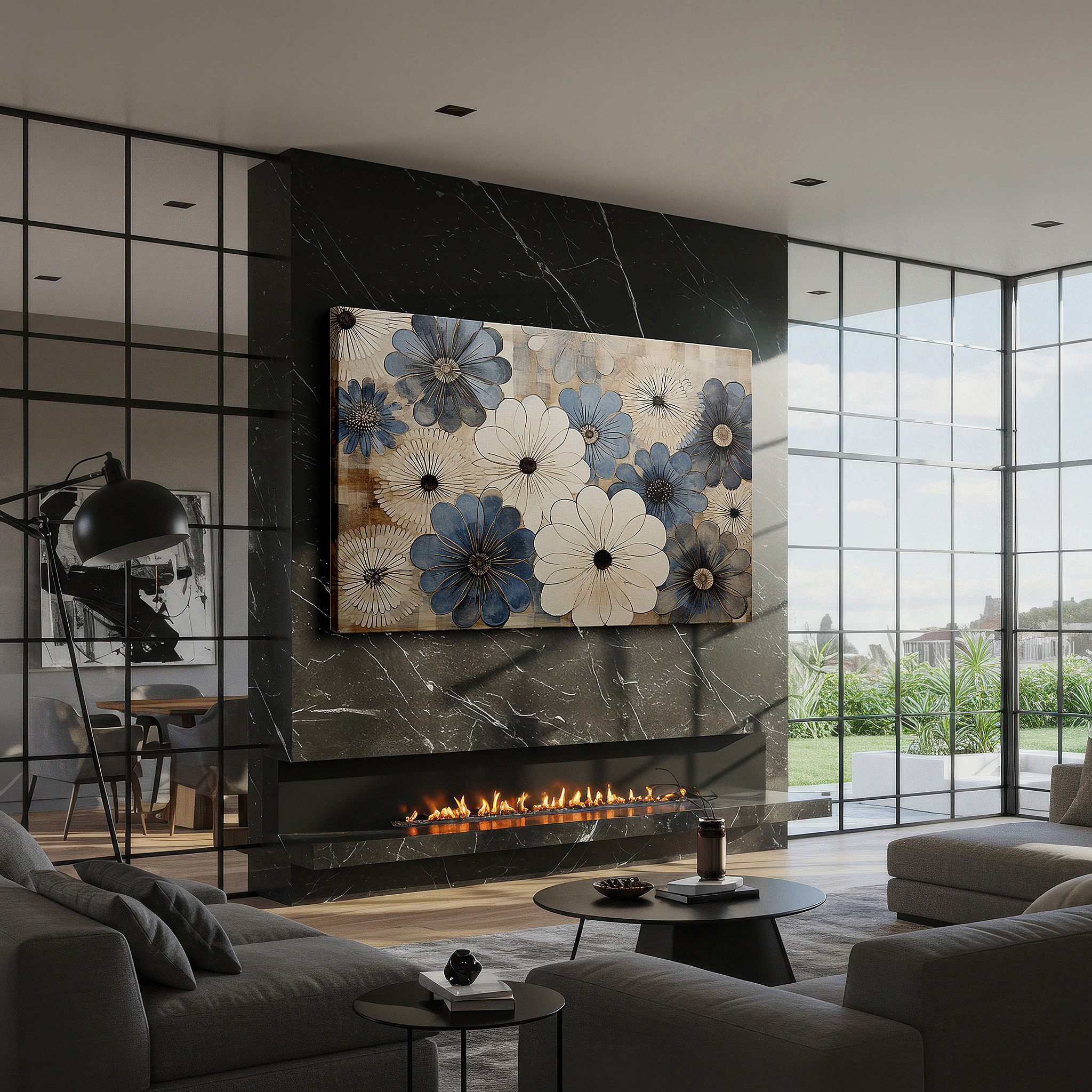 Gently illuminated by ambient lighting in an entryway — elegant stylized blue and white floral design on a vibrant warm background - large canvas wall art for office decor