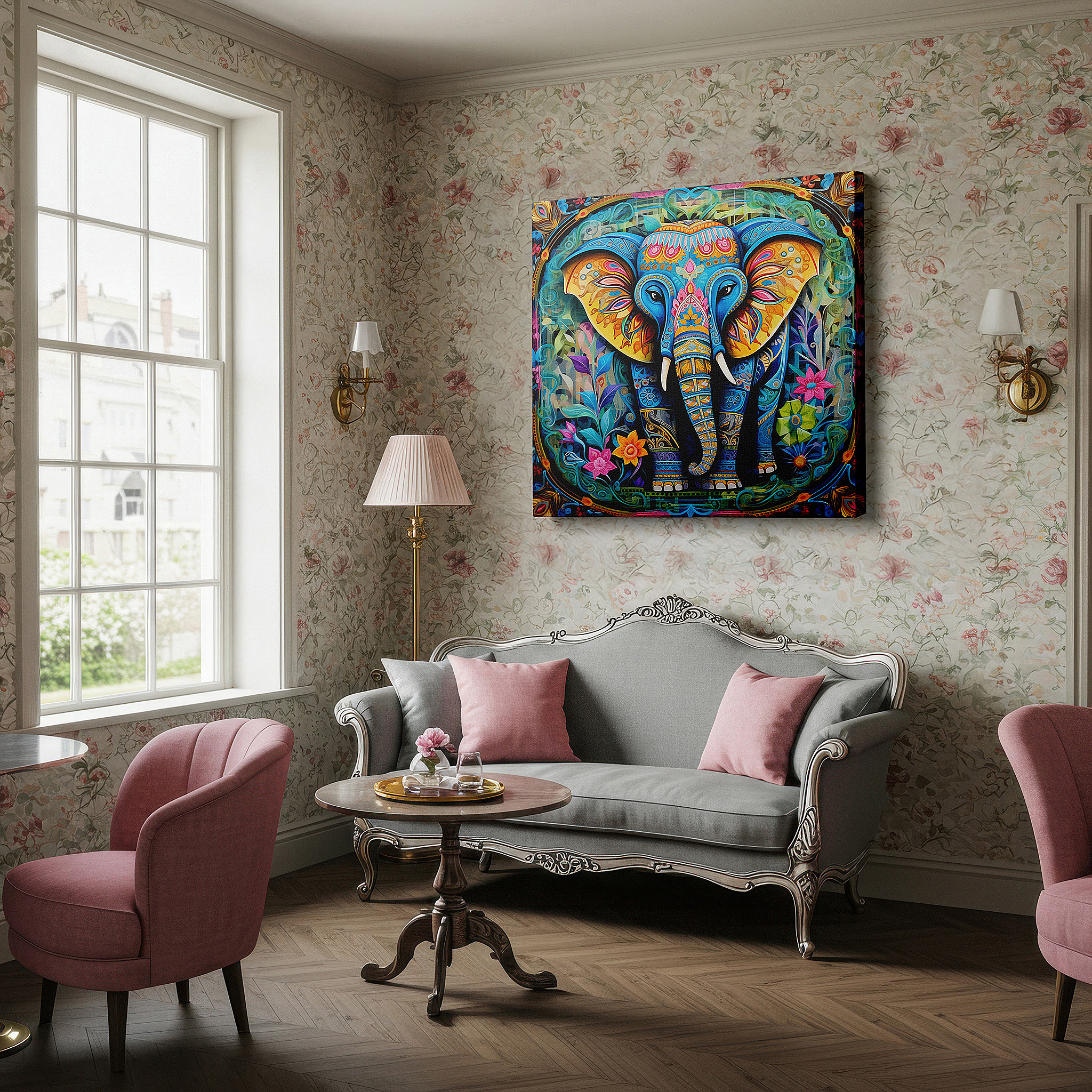 Gently illuminated by ambient lighting in an entryway — elephant of wisdom and strength wall art: vibrant cultural and artistic celebration, ideal for office and bedroom decor, available in large canvas sizes