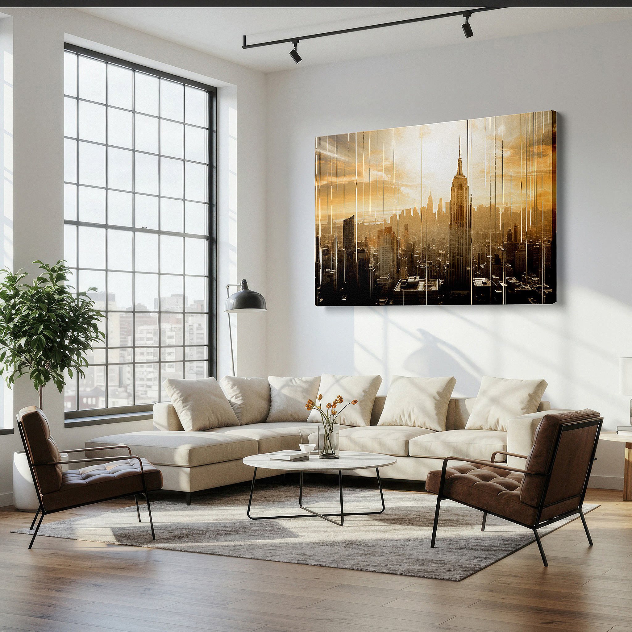 Gently illuminated by ambient lighting in an entryway — empire state building at sunrise - vibrant urban awakening large wall art, canvas wall art, wall decor for office and bedroom