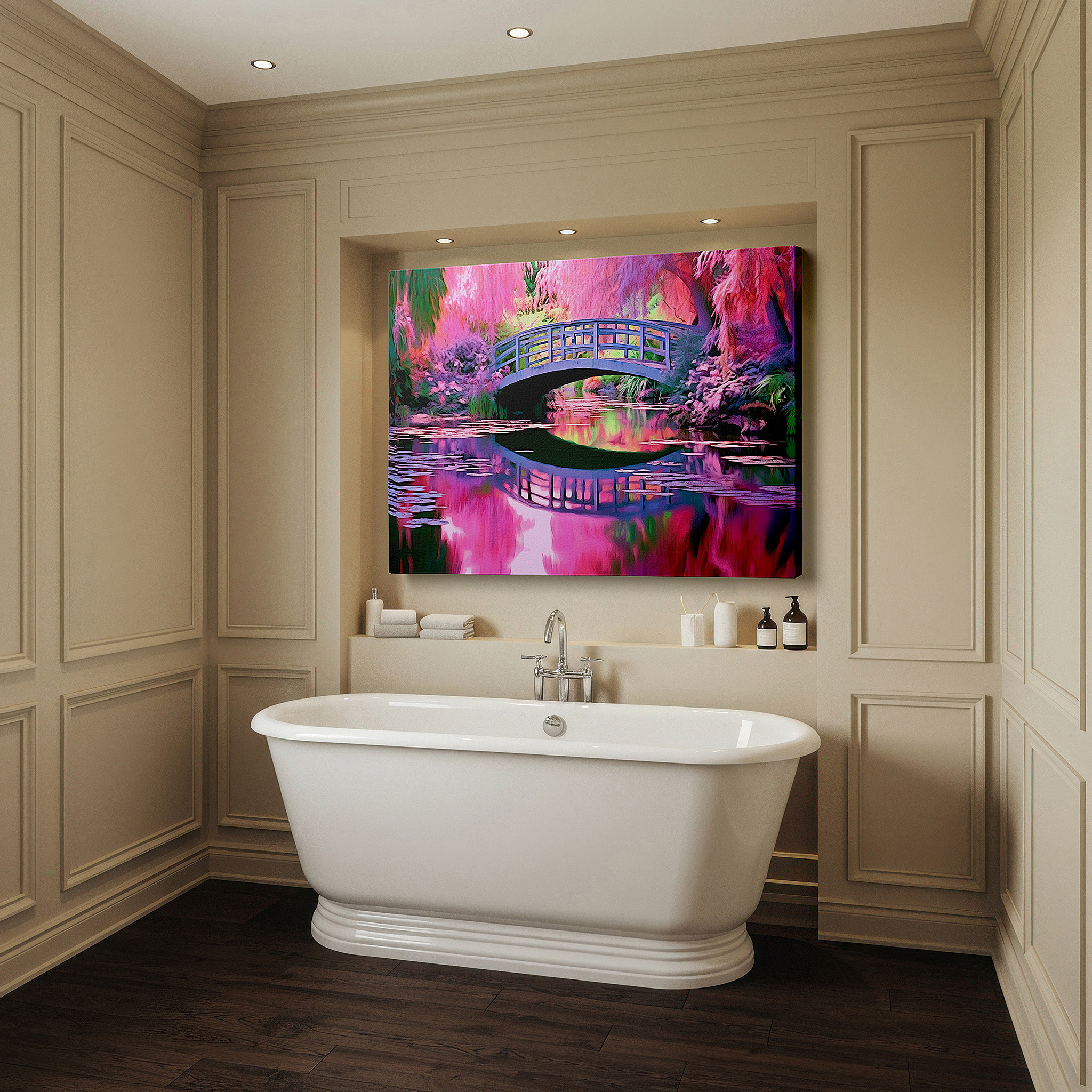 Gently illuminated by ambient lighting in an entryway — enchanted bridge surrounded by vibrant trees: a tranquil reflection of natural beauty - large canvas wall art for office and bedroom decor