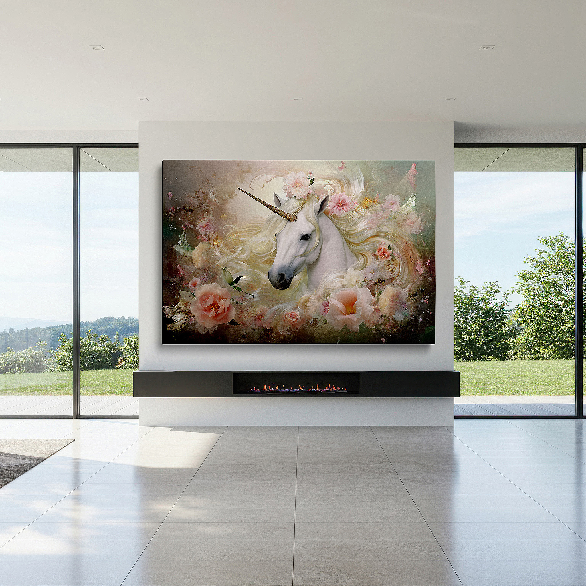 Gently illuminated by ambient lighting in an entryway — enchanted unicorn in a blossoming garden: a whimsical fantasy vision - large wall art, canvas decor for office and bedroom