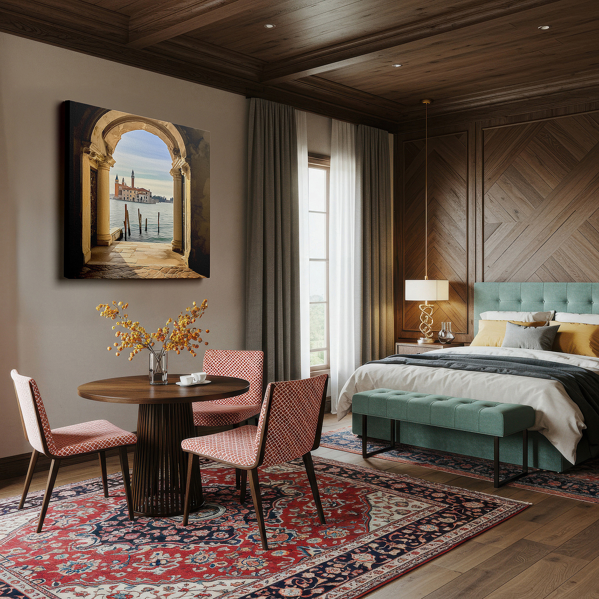 Gently illuminated by ambient lighting in an entryway — gateway to time: arched historical architecture and tranquil waters - large canvas wall art for office and bedroom decor