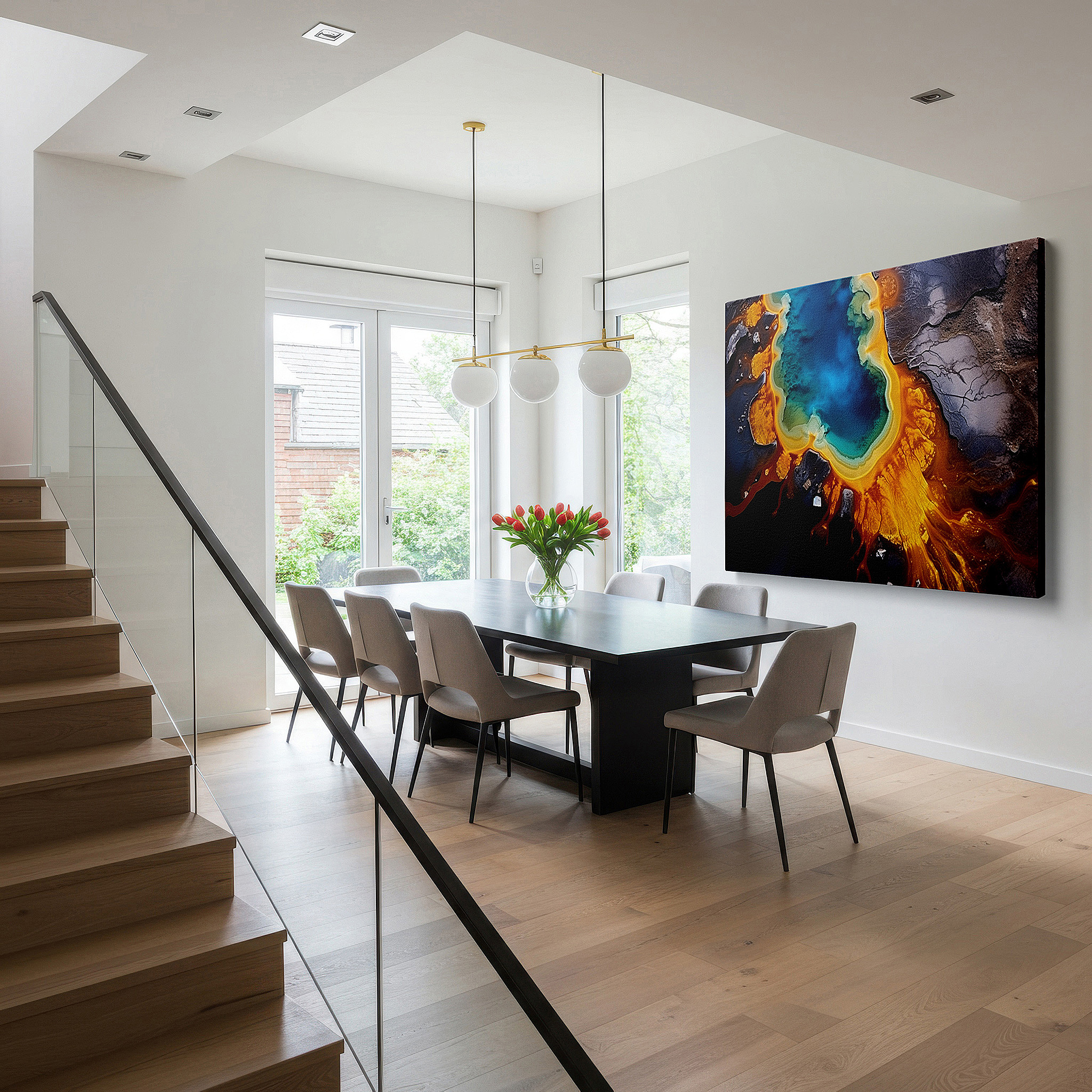 Gently illuminated by ambient lighting in an entryway — geothermal wonders aerial view: vibrant pools and earthy tones - large canvas wall art for office and bedroom decor