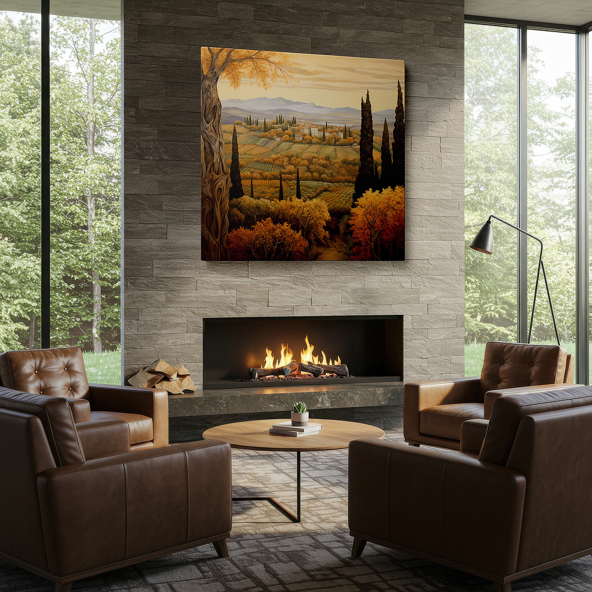 Gently illuminated by ambient lighting in an entryway — golden autumn tranquility wall art featuring cypress trees and expansive vineyards, ideal for office and bedroom decor, available as large canvas wall art