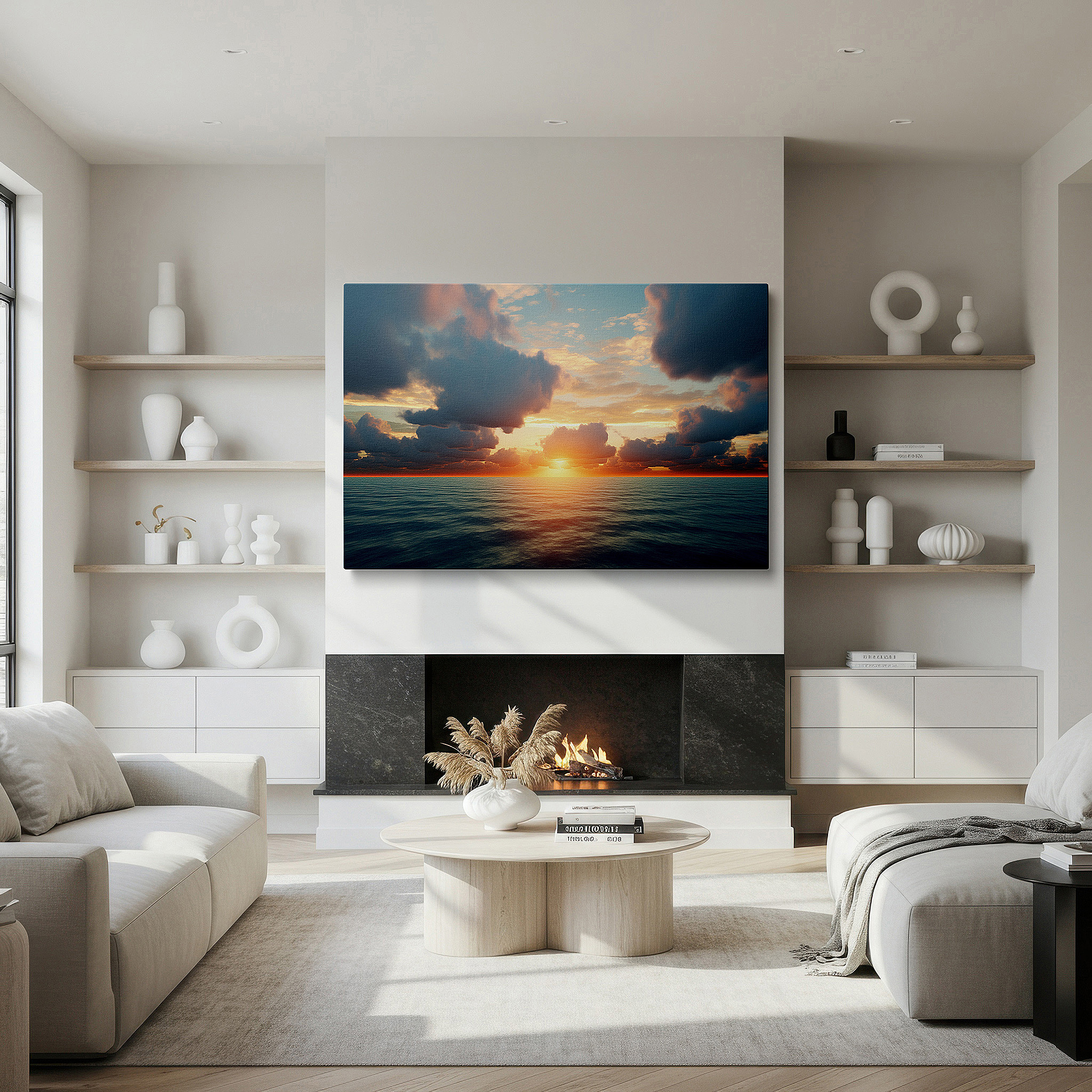 Gently illuminated by ambient lighting in an entryway — golden coastal sunset serene scene with tranquil waters - large canvas wall art for office, bedroom, and living room decor