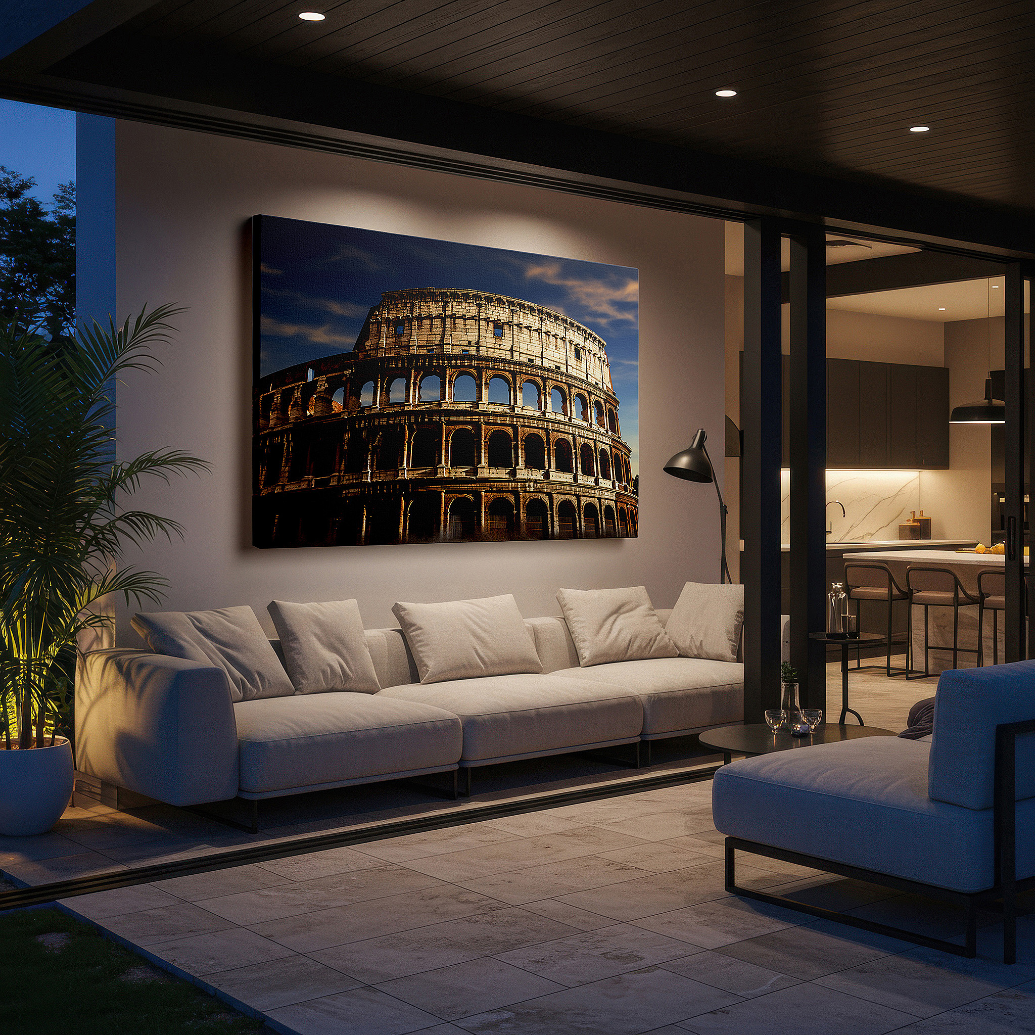 Gently illuminated by ambient lighting in an entryway — golden sunset over majestic colosseum - historical masterpiece large wall art, canvas wall art, wall decor for home and office