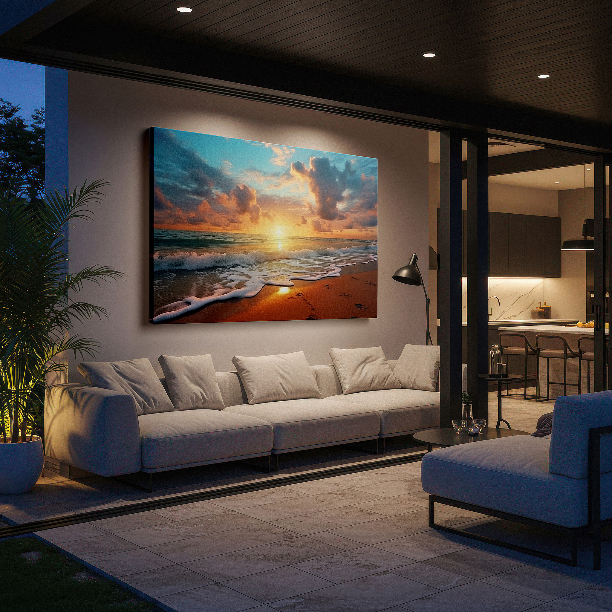 Gently illuminated by ambient lighting in an entryway — golden sunset serenity with tranquil ocean waves - large canvas wall art for office and bedroom decor