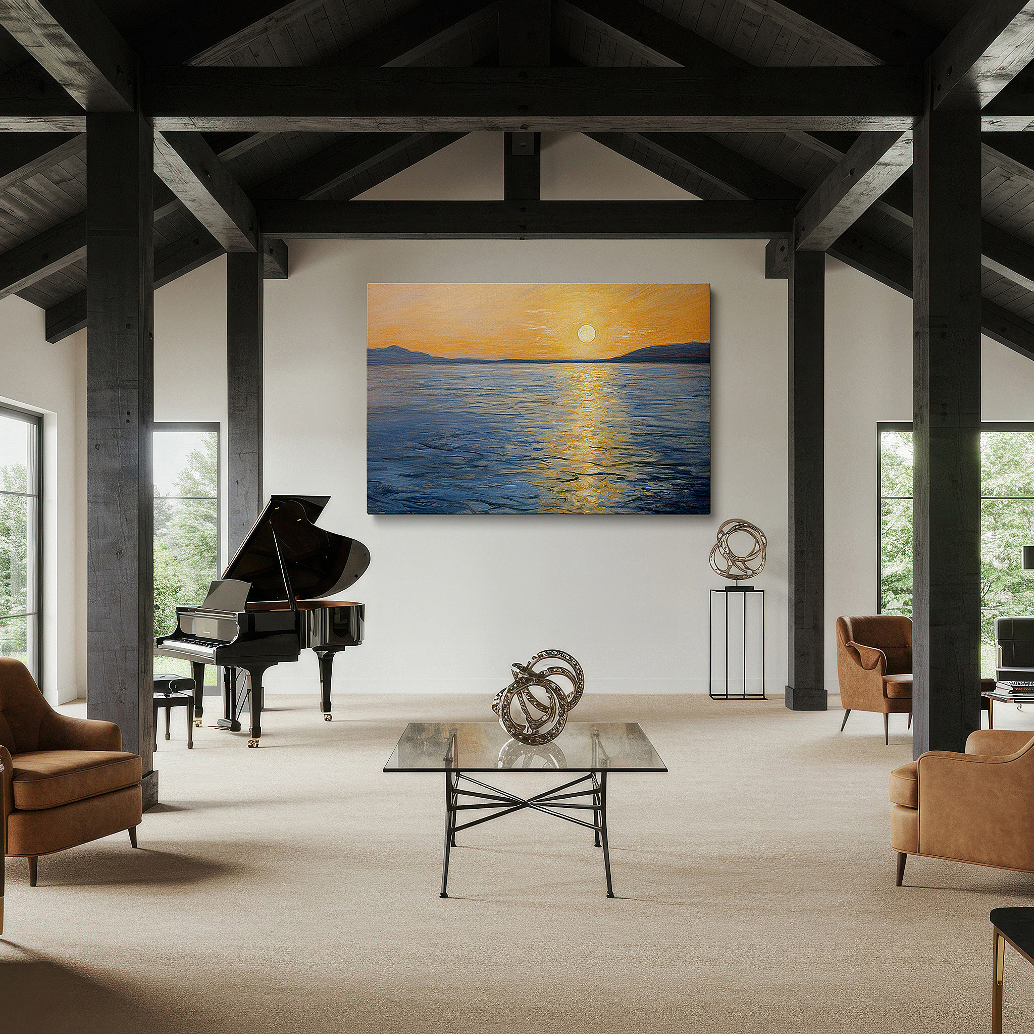 Gently illuminated by ambient lighting in an entryway — golden sunset over tranquil sea - experience serenity with nature's splendor large wall art, canvas wall art, wall decor for office and bedroom