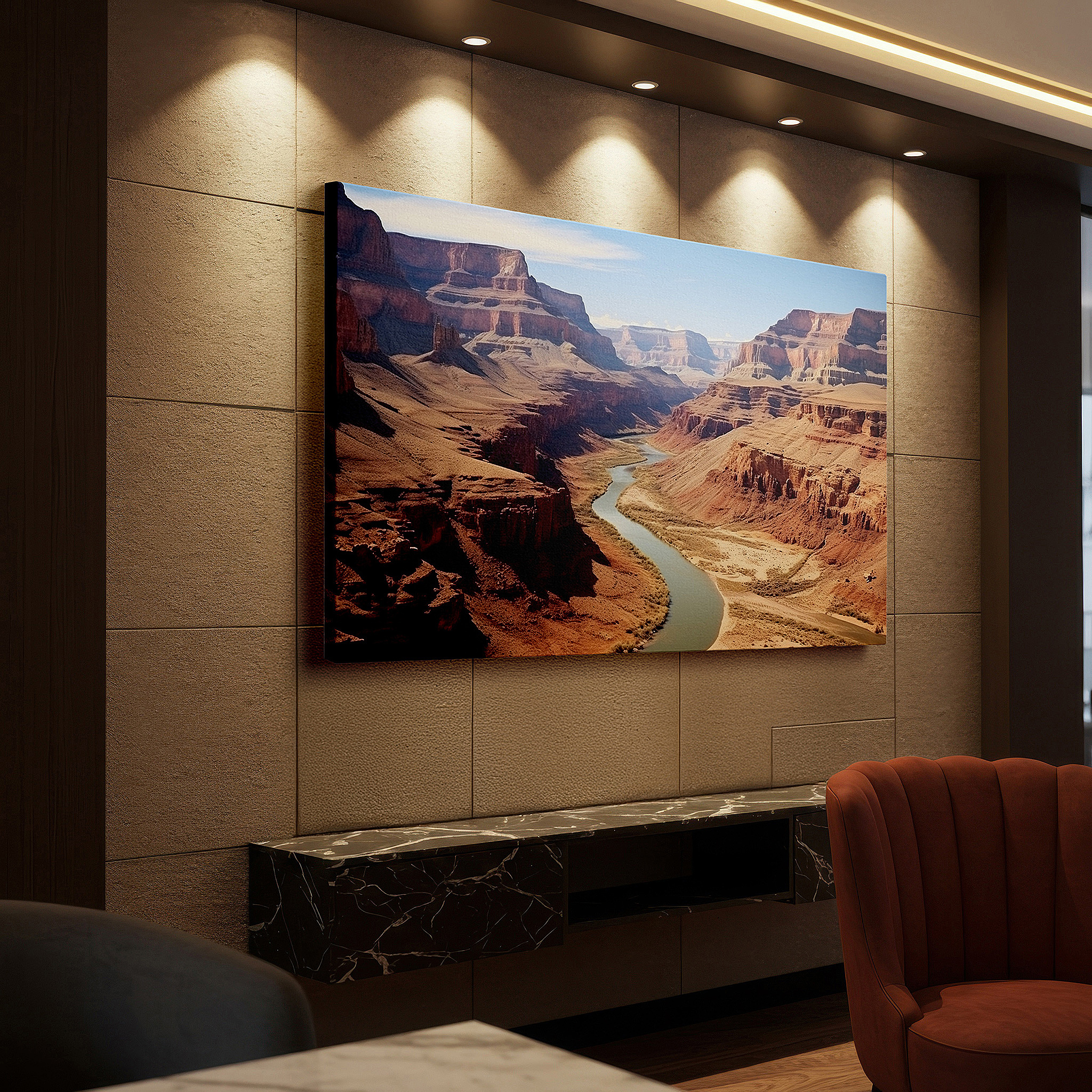 Gently illuminated by ambient lighting in an entryway — grand canyon wall art for interiors: a vivid journey through time and nature. explore large canvas art, decorative wall pieces for offices and bedrooms.